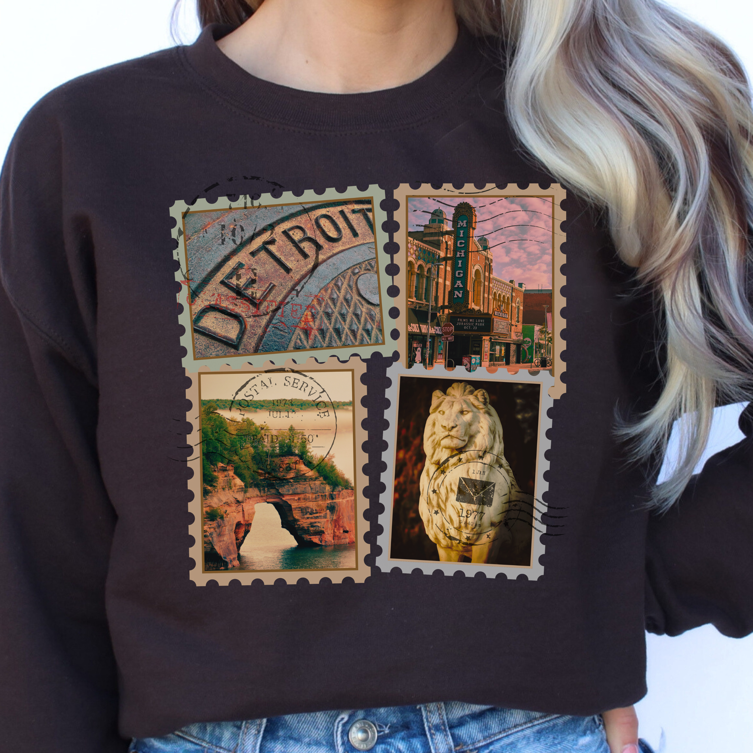 Vintage Michigan Postal Stamp Sweatshirt - Detroit &amp; Upper Peninsula Design