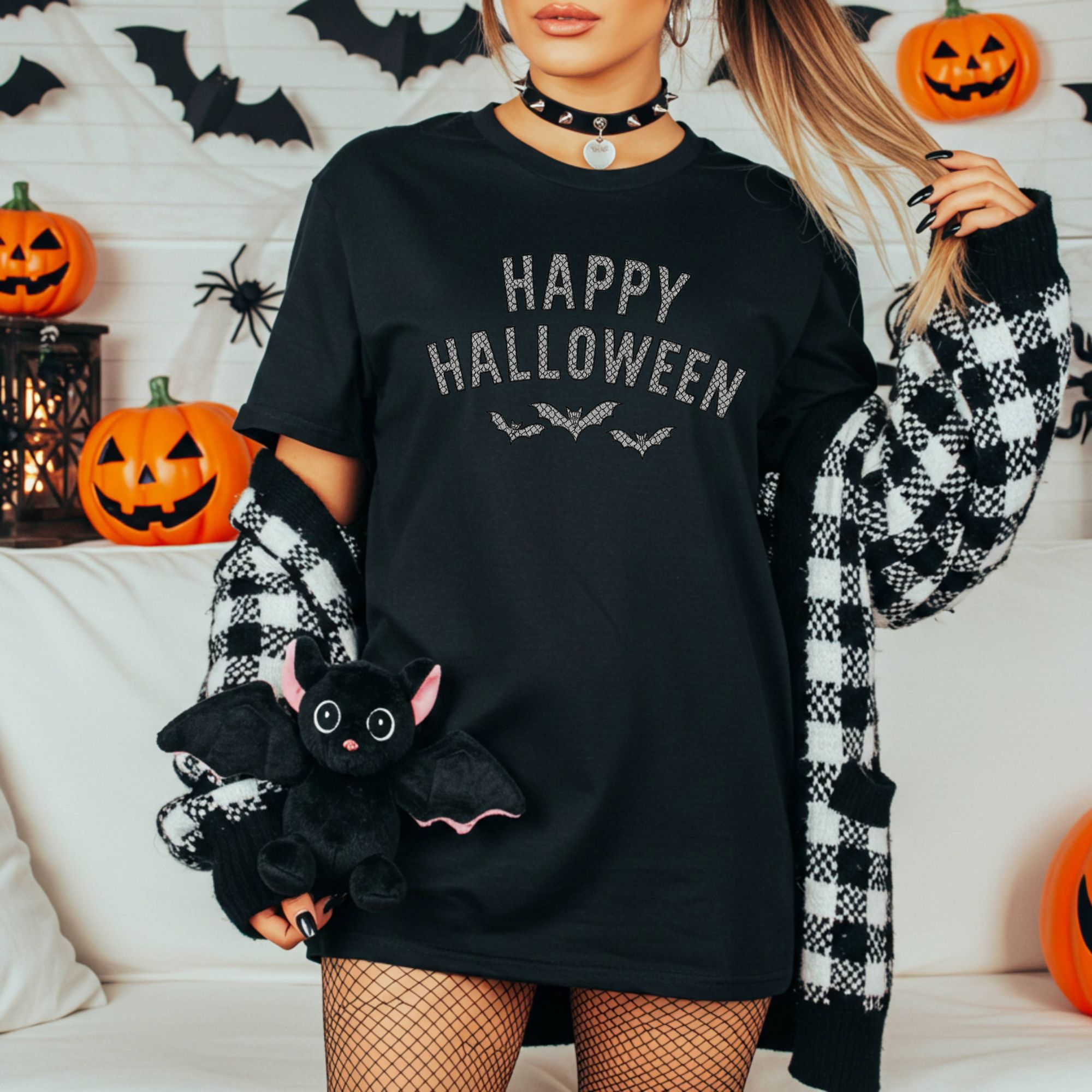 Lace Bat T-Shirt - Happy Halloween Design product thumbnail image Lace Bat T-Shirt - Happy Halloween Design product thumbnail image