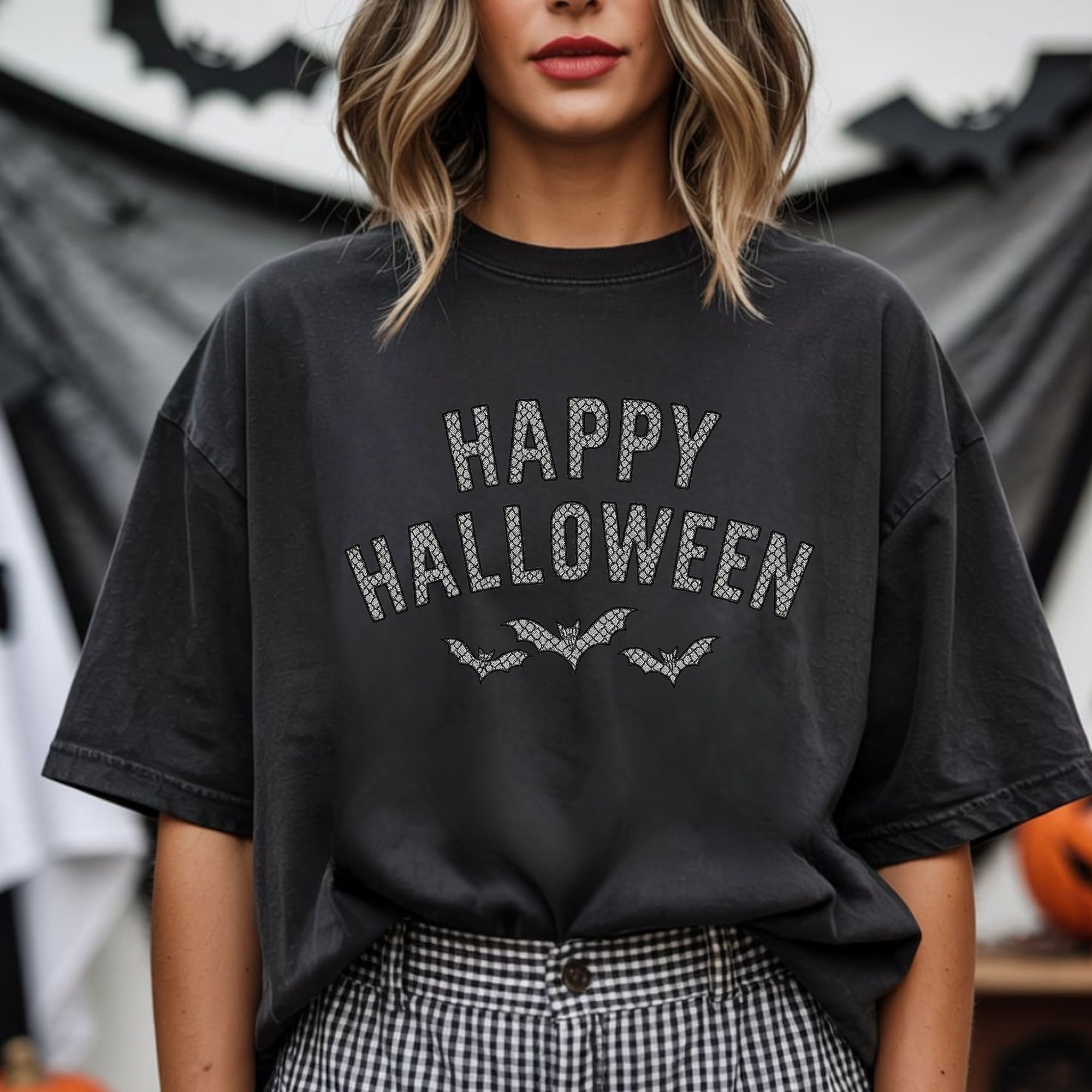 Lace Bat T-Shirt - Happy Halloween Design product thumbnail image Lace Bat T-Shirt - Happy Halloween Design product thumbnail image