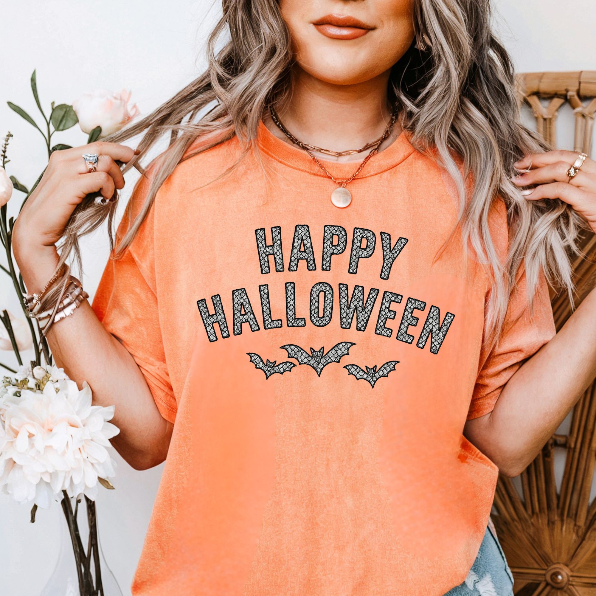 Lace Bat T-Shirt - Happy Halloween Design product thumbnail image Lace Bat T-Shirt - Happy Halloween Design product thumbnail image