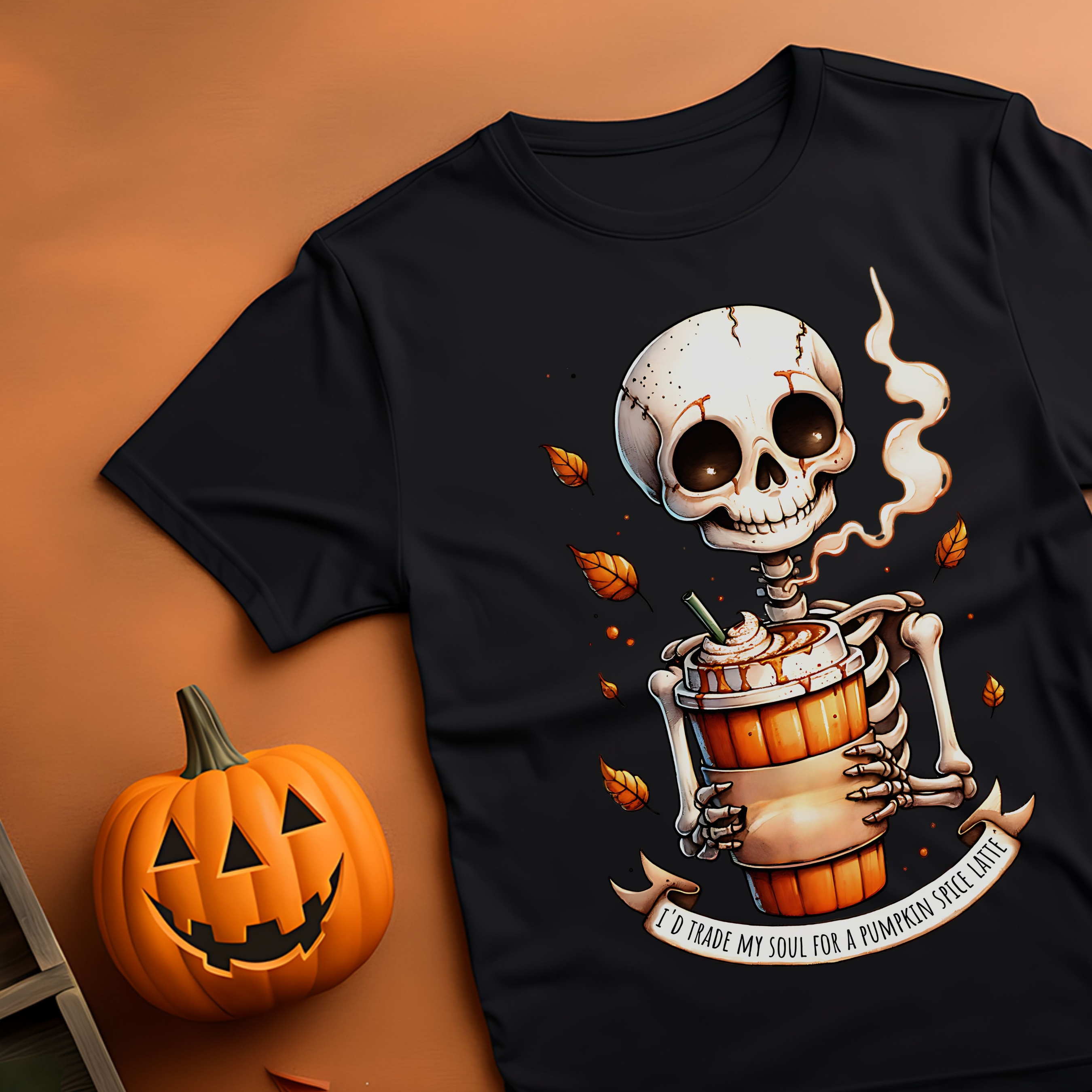 Skeleton Pumpkin Spice Unisex T-shirt, Halloween Apparel, Fall Fashion, Skeleton Graphic Tee, Spooky Season Top product thumbnail image