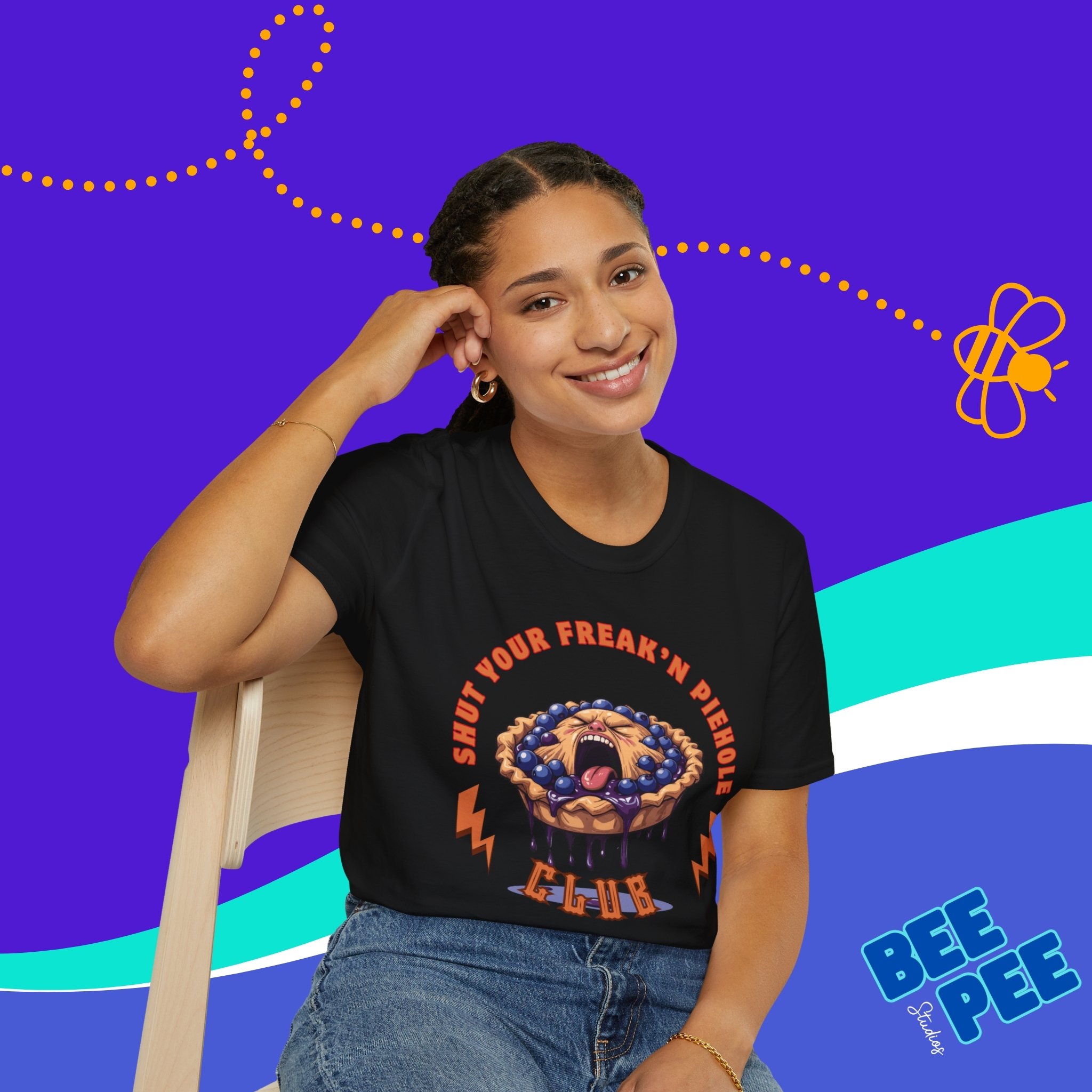 Funny Blueberry Edition 'Shut Your Freak'n Piehole Club' Unisex T-Shirt with Original Blueberry Pie Graphic Design product thumbnail image Funny Blueberry Edition 'Shut Your Freak'n Piehole Club' Unisex T-Shirt with Original Blueberry Pie Graphic Design product thumbnail image