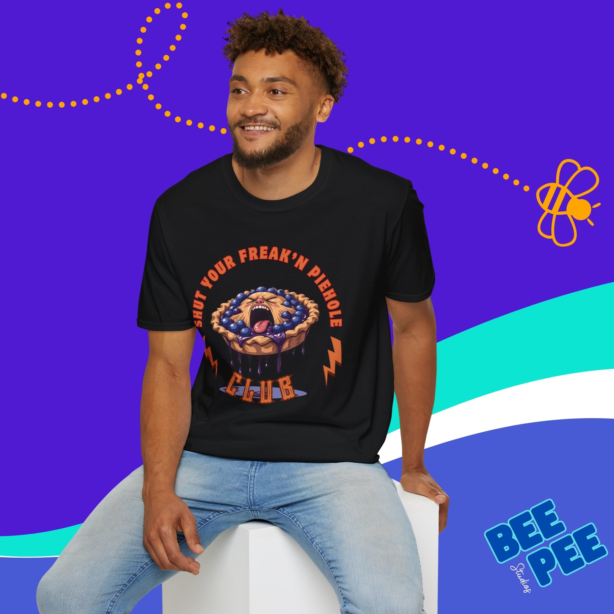 Funny Blueberry Edition 'Shut Your Freak'n Piehole Club' Unisex T-Shirt with Original Blueberry Pie Graphic Design product thumbnail image Funny Blueberry Edition 'Shut Your Freak'n Piehole Club' Unisex T-Shirt with Original Blueberry Pie Graphic Design product thumbnail image