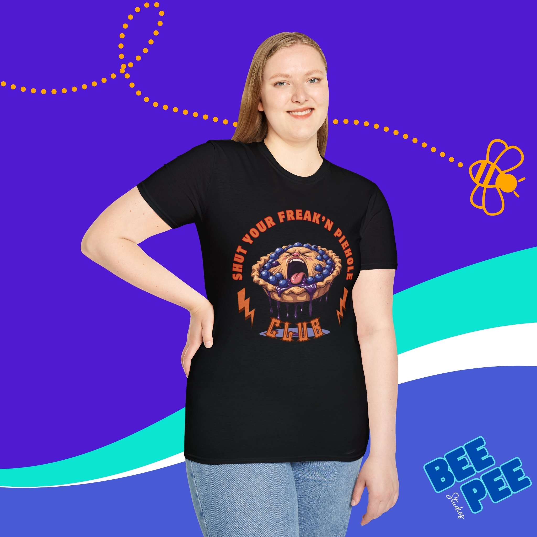 Funny Blueberry Edition 'Shut Your Freak'n Piehole Club' Unisex T-Shirt with Original Blueberry Pie Graphic Design product thumbnail image Funny Blueberry Edition 'Shut Your Freak'n Piehole Club' Unisex T-Shirt with Original Blueberry Pie Graphic Design product thumbnail image