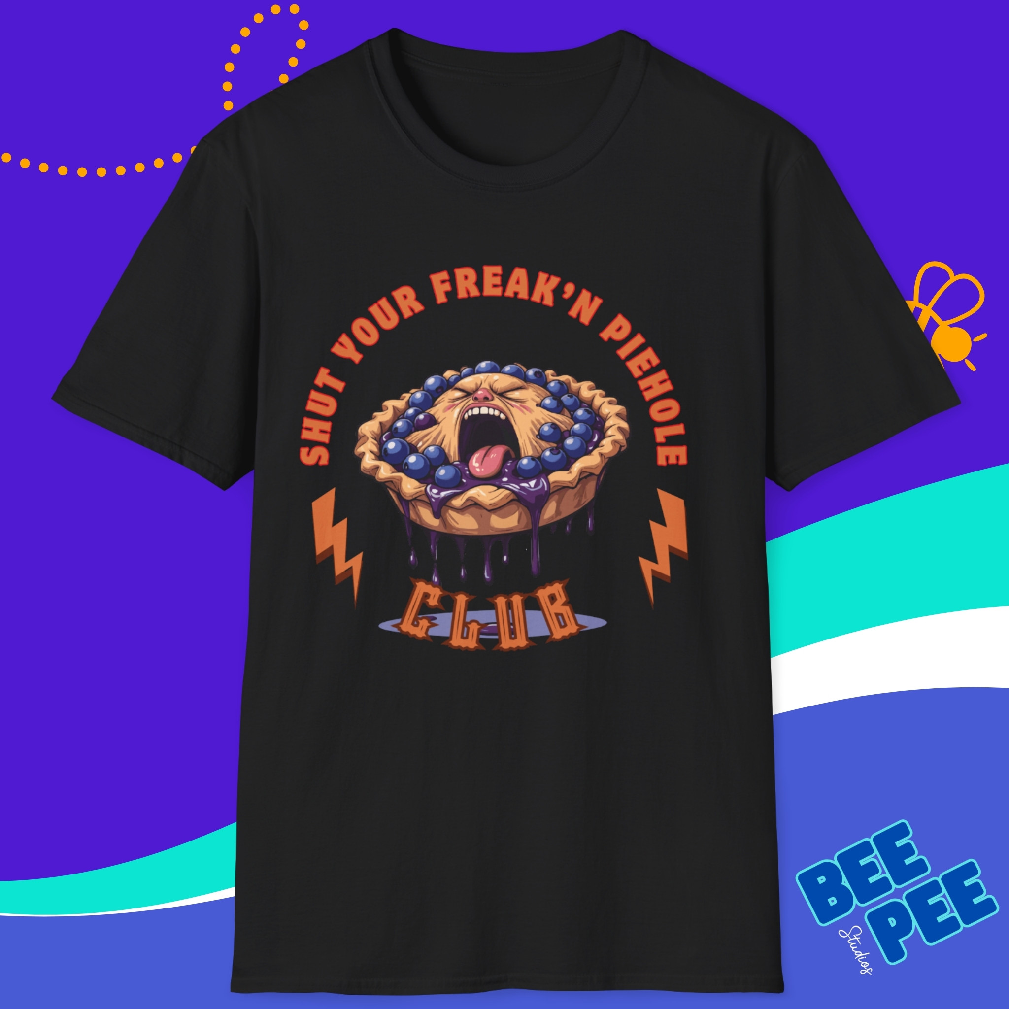 Funny Blueberry Edition 'Shut Your Freak'n Piehole Club' Unisex T-Shirt with Original Blueberry Pie Graphic Design product thumbnail image Funny Blueberry Edition 'Shut Your Freak'n Piehole Club' Unisex T-Shirt with Original Blueberry Pie Graphic Design product thumbnail image