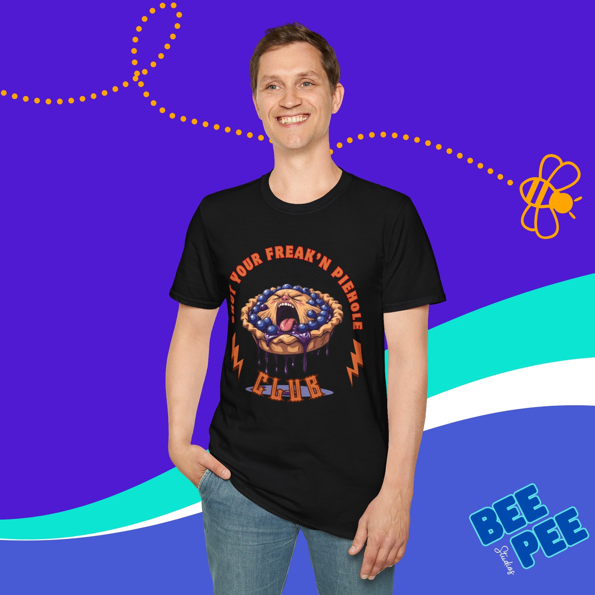 Funny Blueberry Edition 'Shut Your Freak'n Piehole Club' Unisex T-Shirt with Original Blueberry Pie Graphic Design product thumbnail image Funny Blueberry Edition 'Shut Your Freak'n Piehole Club' Unisex T-Shirt with Original Blueberry Pie Graphic Design product thumbnail image