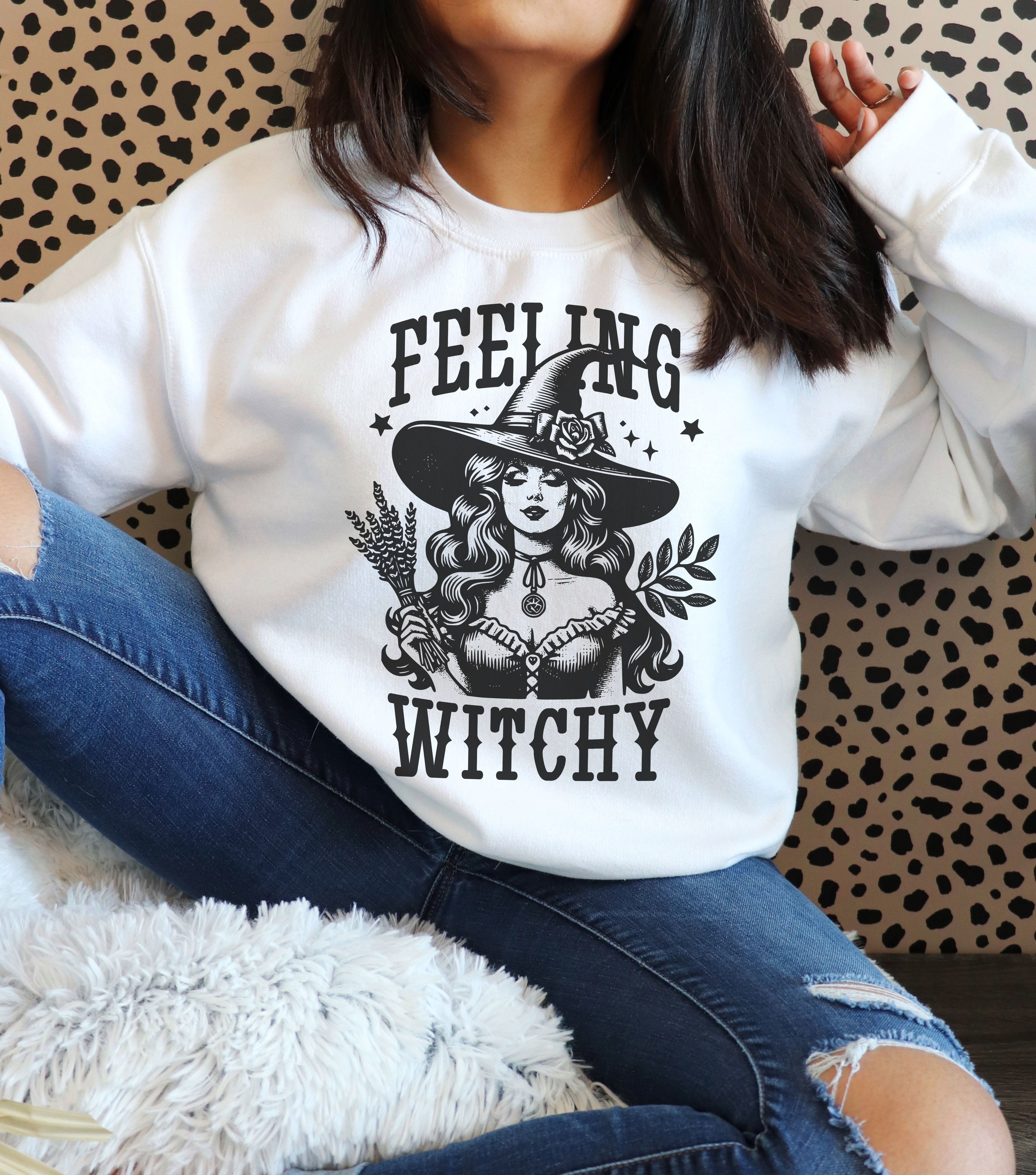 Feeling Witchy Unisex Heavy Blend™ Crewneck Sweatshirt, Cozy Autumn Apparel, Halloween Sweater, Gift for Witches, Witchy Fashion