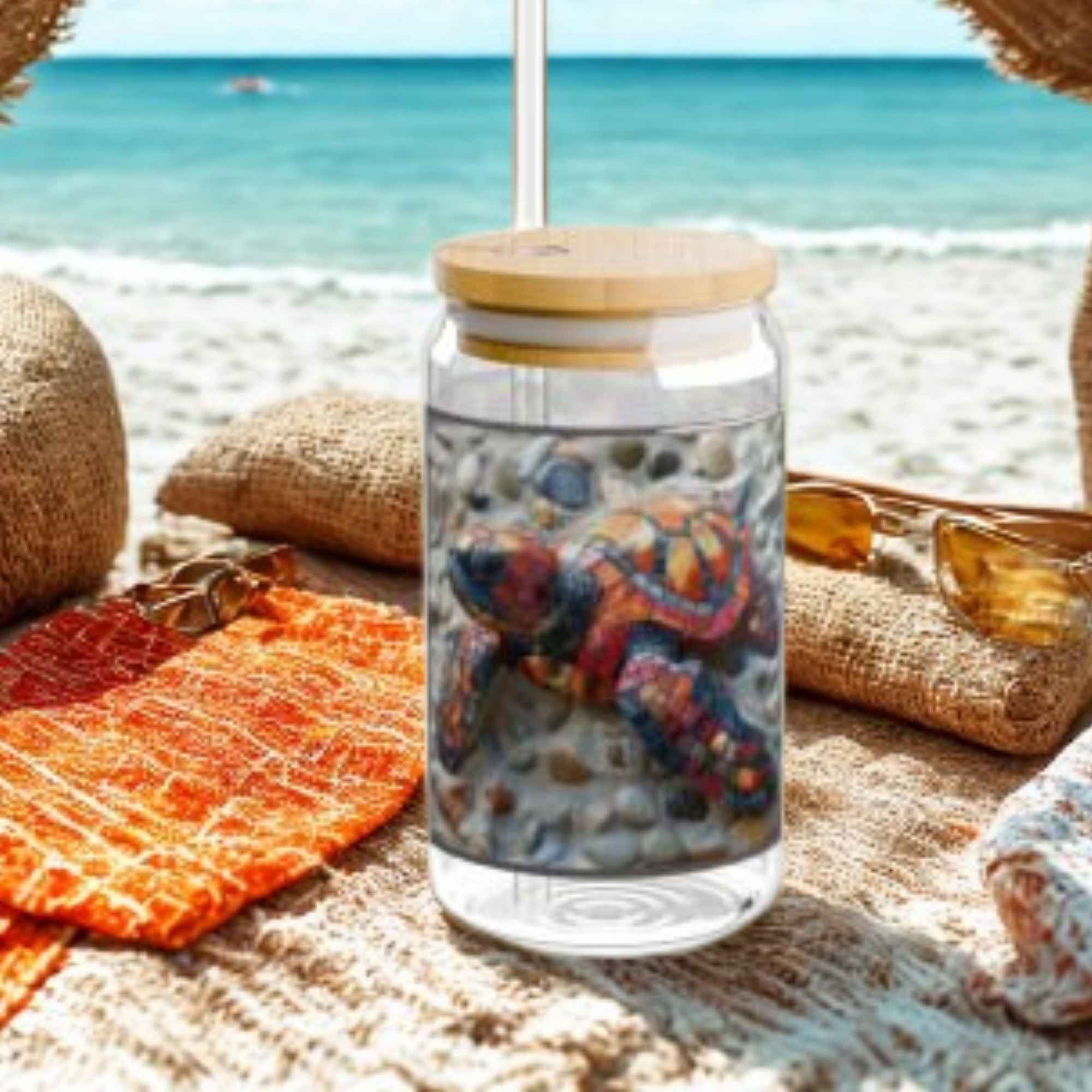 Sea Turtle Mosaic Glass Sipper Jar 16oz Coastal Beach Tumbler with Lid &amp; Straw Ocean Lover Gift Summer Hydration Boho Turtle Drinkware product thumbnail image