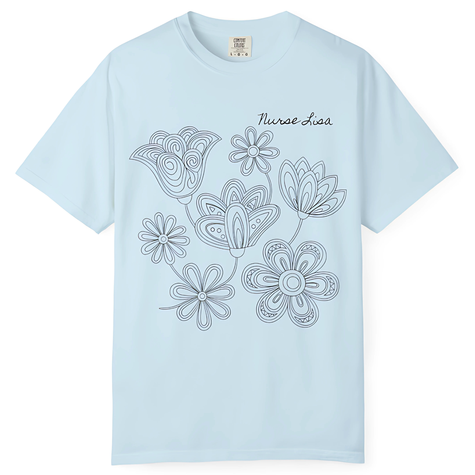 Personalized Nurse Shirt with Name Tag, Minimal Floral Line Art Design, Custom Healthcare Worker Tee
