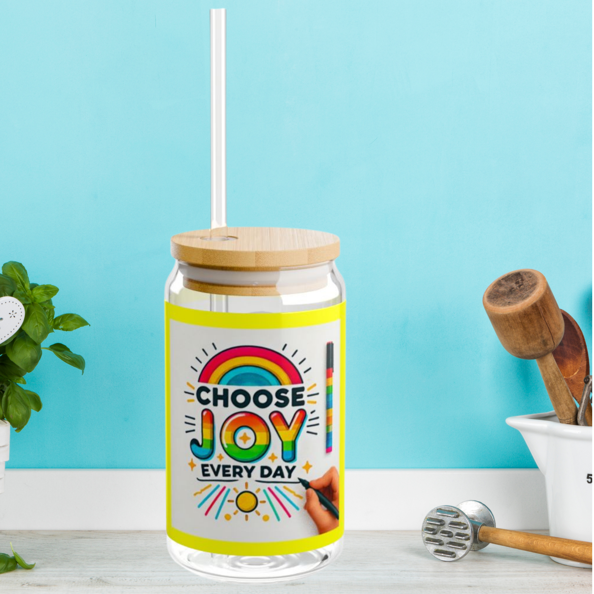 Choose Joy Every Day 16oz Glass Sipper | Colorful Rainbow Iced Coffee Cup with Bamboo Lid And Straw | Positive Vibes Drinkware Gift product thumbnail image