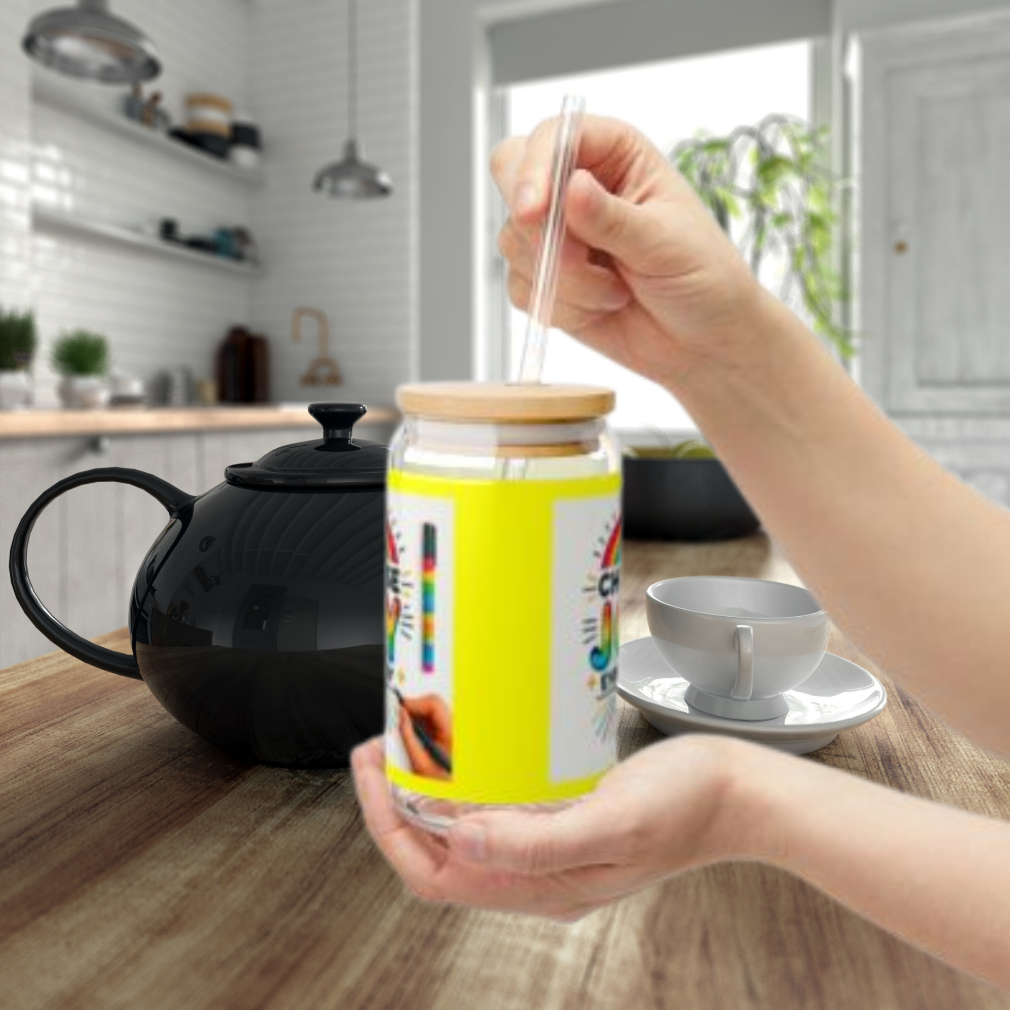 Choose Joy Every Day 16oz Glass Sipper | Colorful Rainbow Iced Coffee Cup with Bamboo Lid And Straw | Positive Vibes Drinkware Gift product thumbnail image