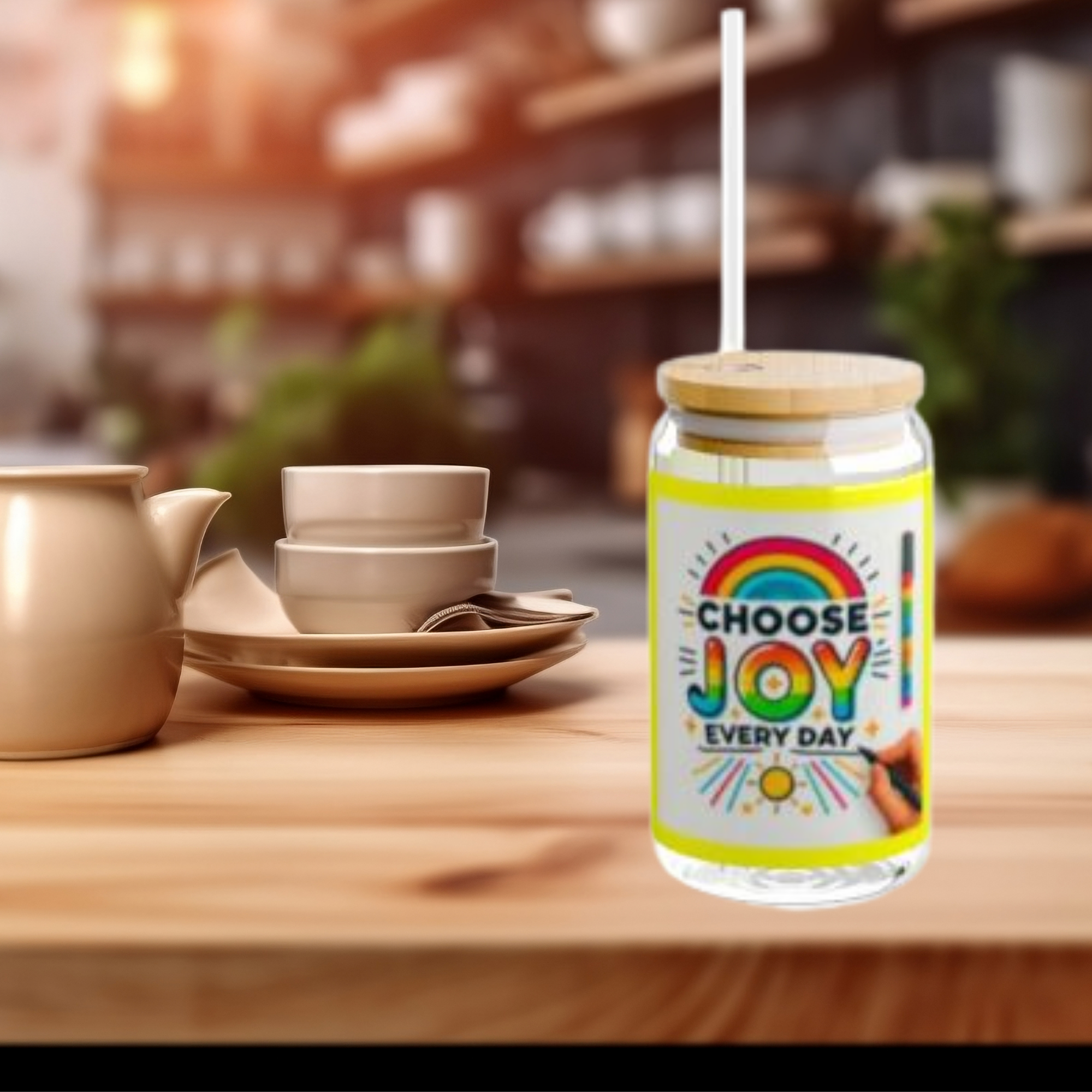 Choose Joy Every Day 16oz Glass Sipper | Colorful Rainbow Iced Coffee Cup with Bamboo Lid And Straw | Positive Vibes Drinkware Gift