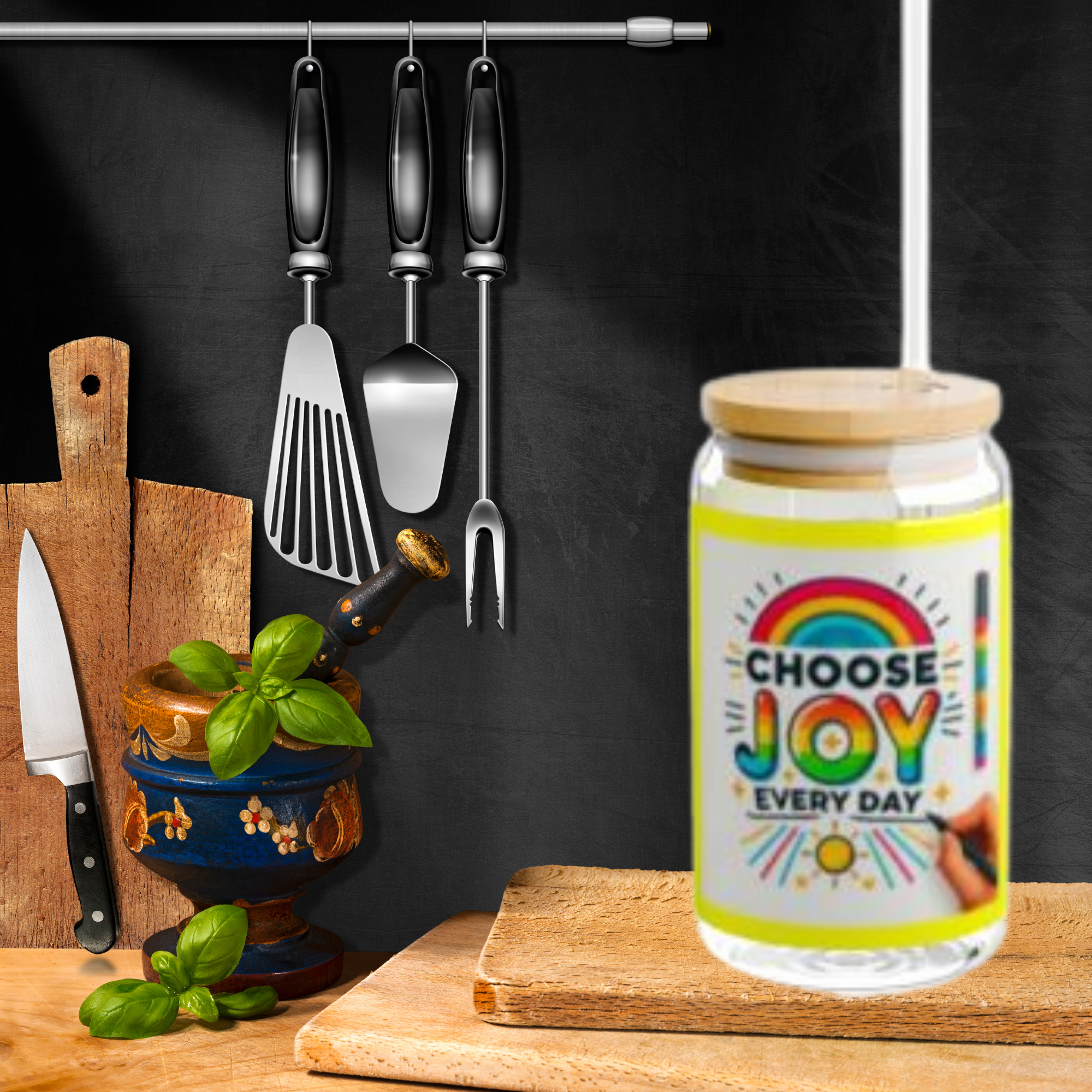 Choose Joy Every Day 16oz Glass Sipper | Colorful Rainbow Iced Coffee Cup with Bamboo Lid And Straw | Positive Vibes Drinkware Gift product thumbnail image