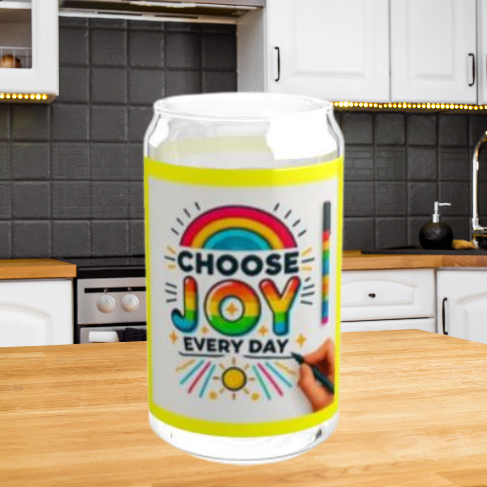 Choose Joy Every Day 16oz Glass Sipper | Colorful Rainbow Iced Coffee Cup with Bamboo Lid And Straw | Positive Vibes Drinkware Gift product thumbnail image