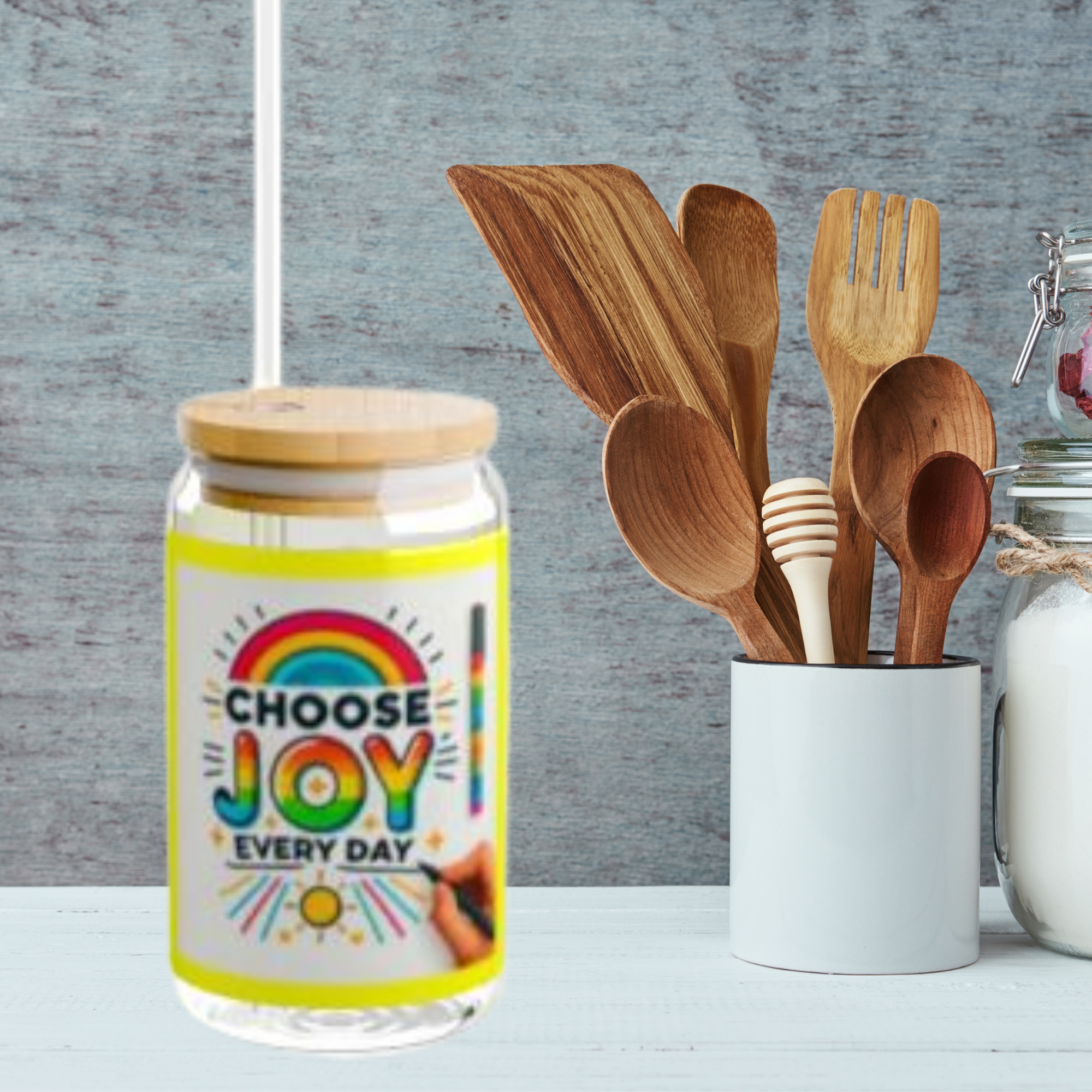 Choose Joy Every Day 16oz Glass Sipper | Colorful Rainbow Iced Coffee Cup with Bamboo Lid And Straw | Positive Vibes Drinkware Gift product thumbnail image