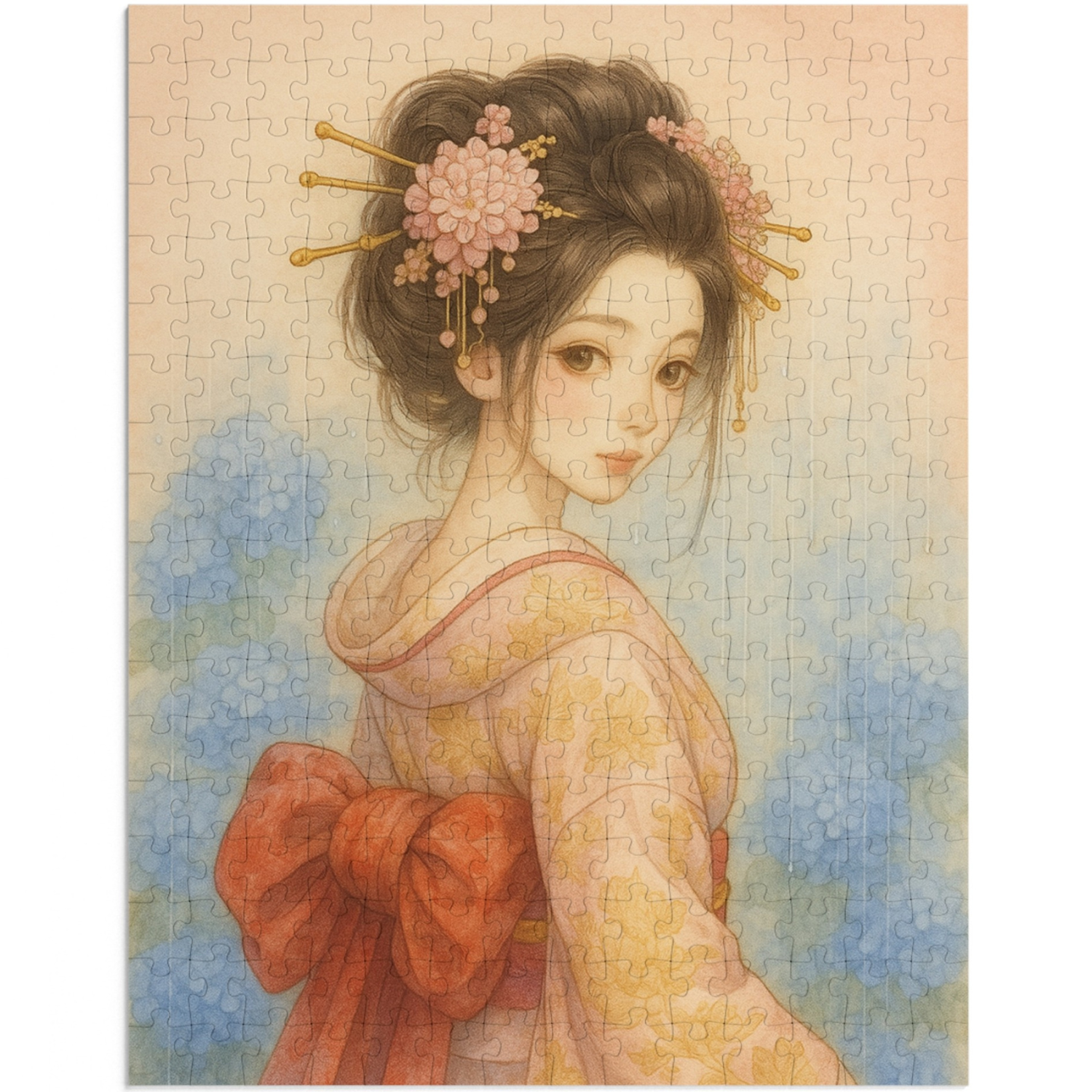 Japanese Kimono Woman Puzzle – Geisha-Inspired Art with Hydrangeas | Elegant Japanese Gift (252 / 500 / 1000 Pieces)