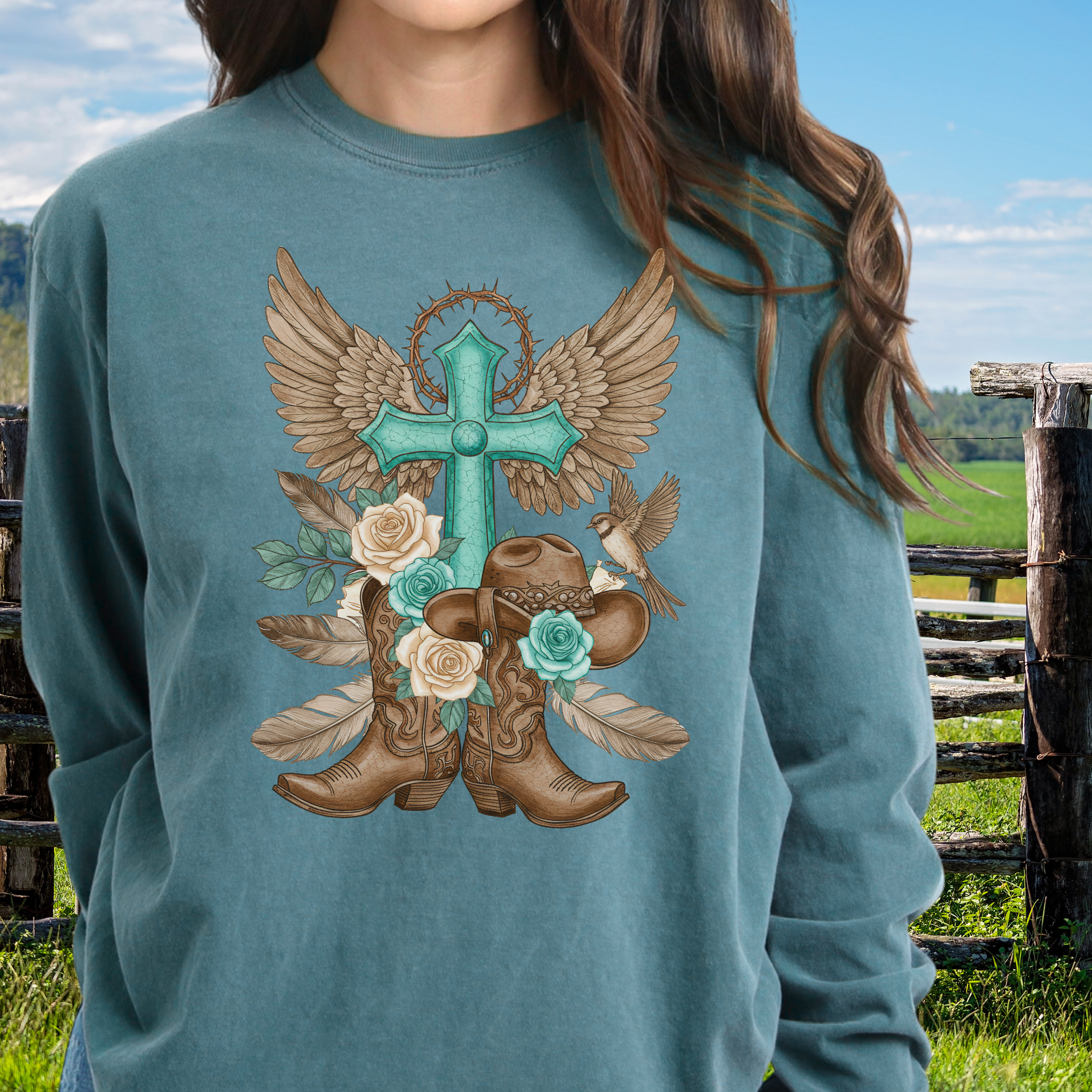 Western design with Teal Cross Comfort Colors 6014 - Long Sleeve T-Shirt - Cozy Christian Tee for Devotion, Faith Gifts, Religious Wear, Everyday Comfort
