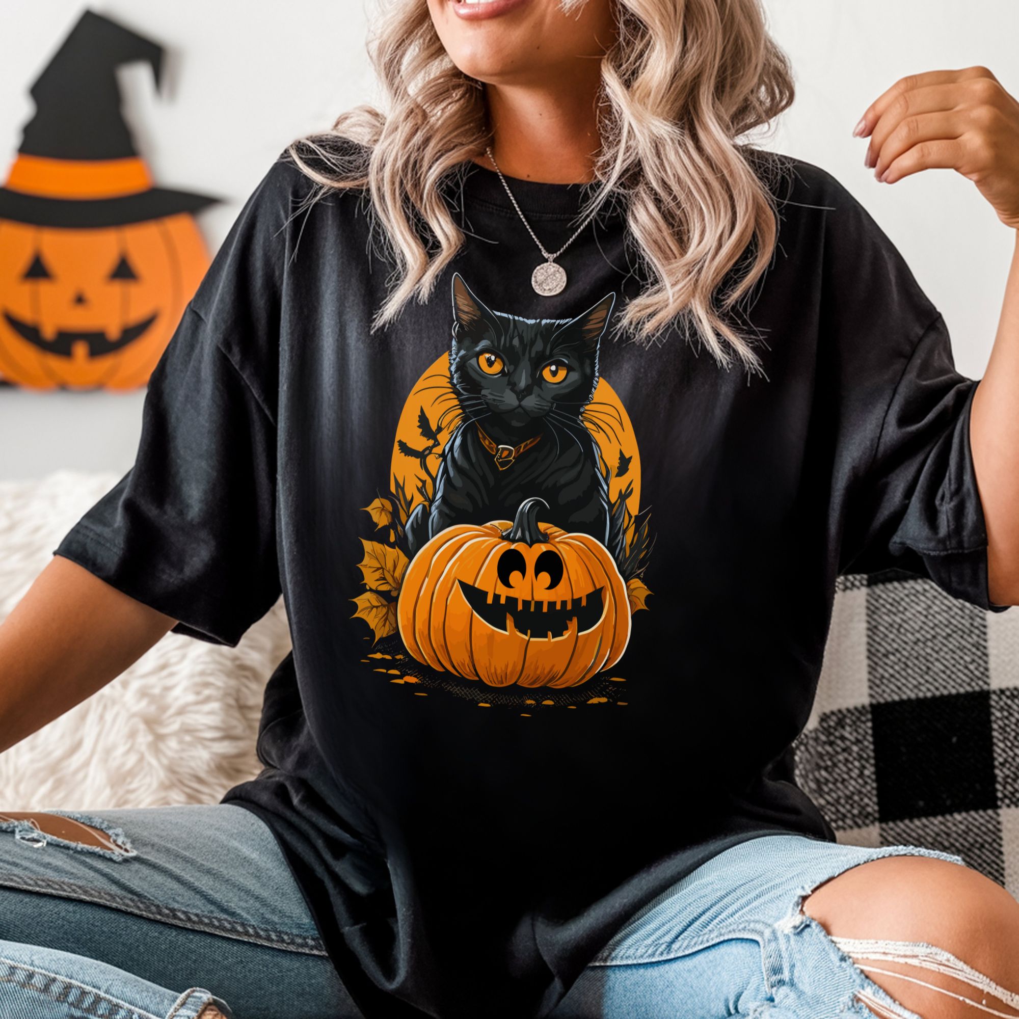 Black Cat &amp; Pumpkin Halloween T-shirt product thumbnail image