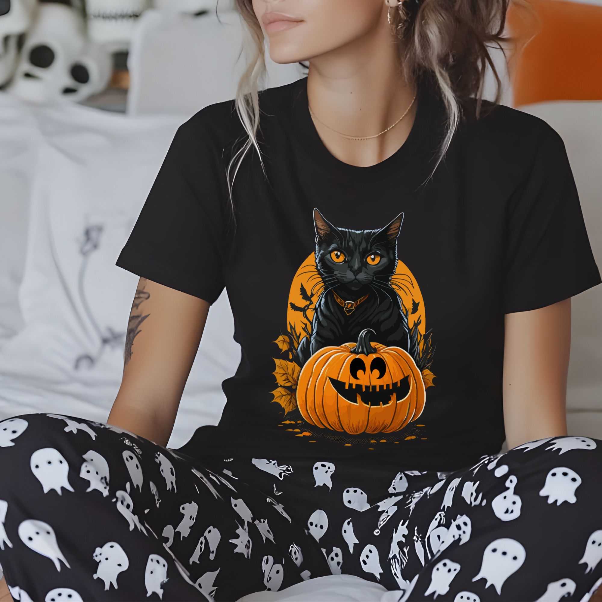 Black Cat &amp; Pumpkin Halloween T-shirt product thumbnail image