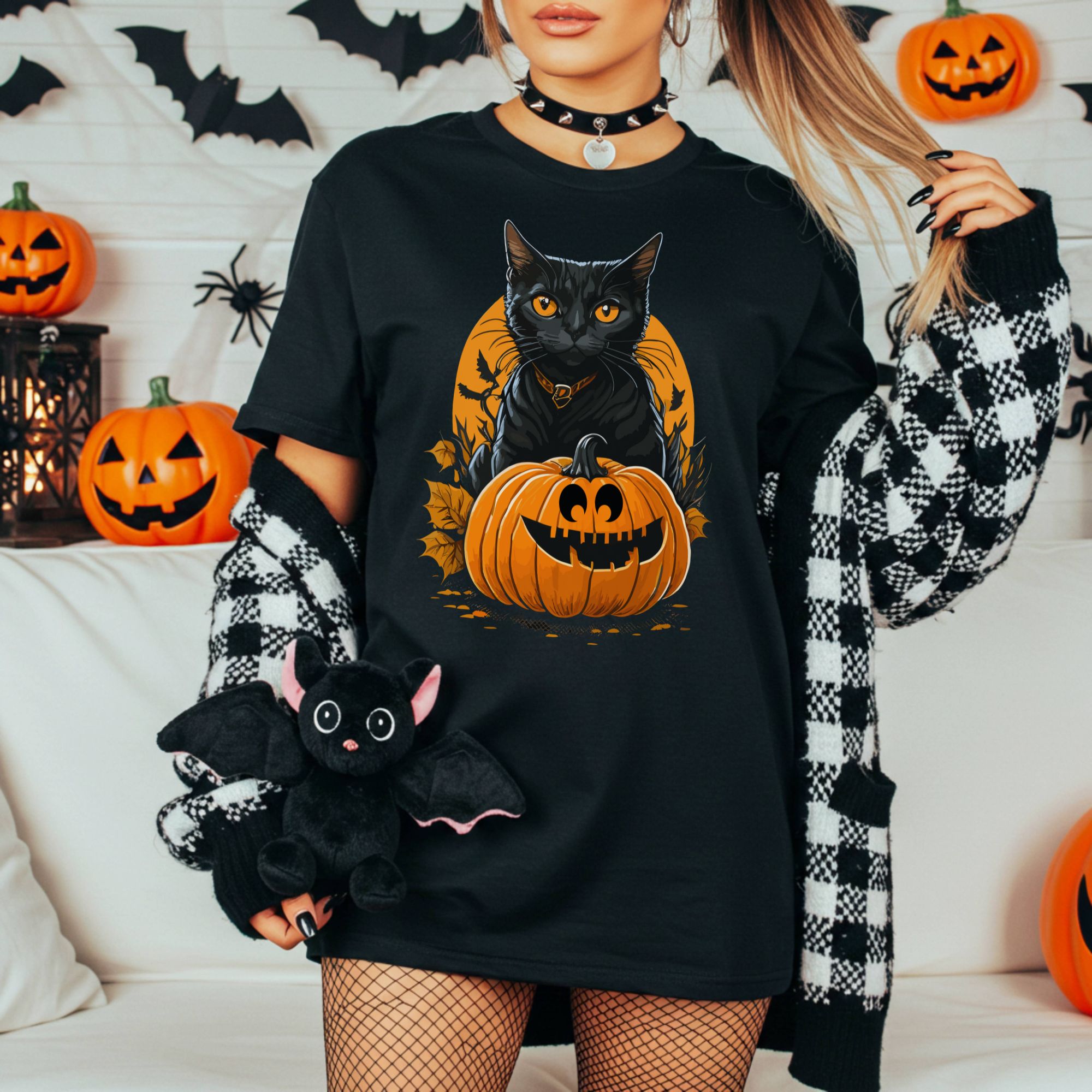Black Cat &amp; Pumpkin Halloween T-shirt product thumbnail image