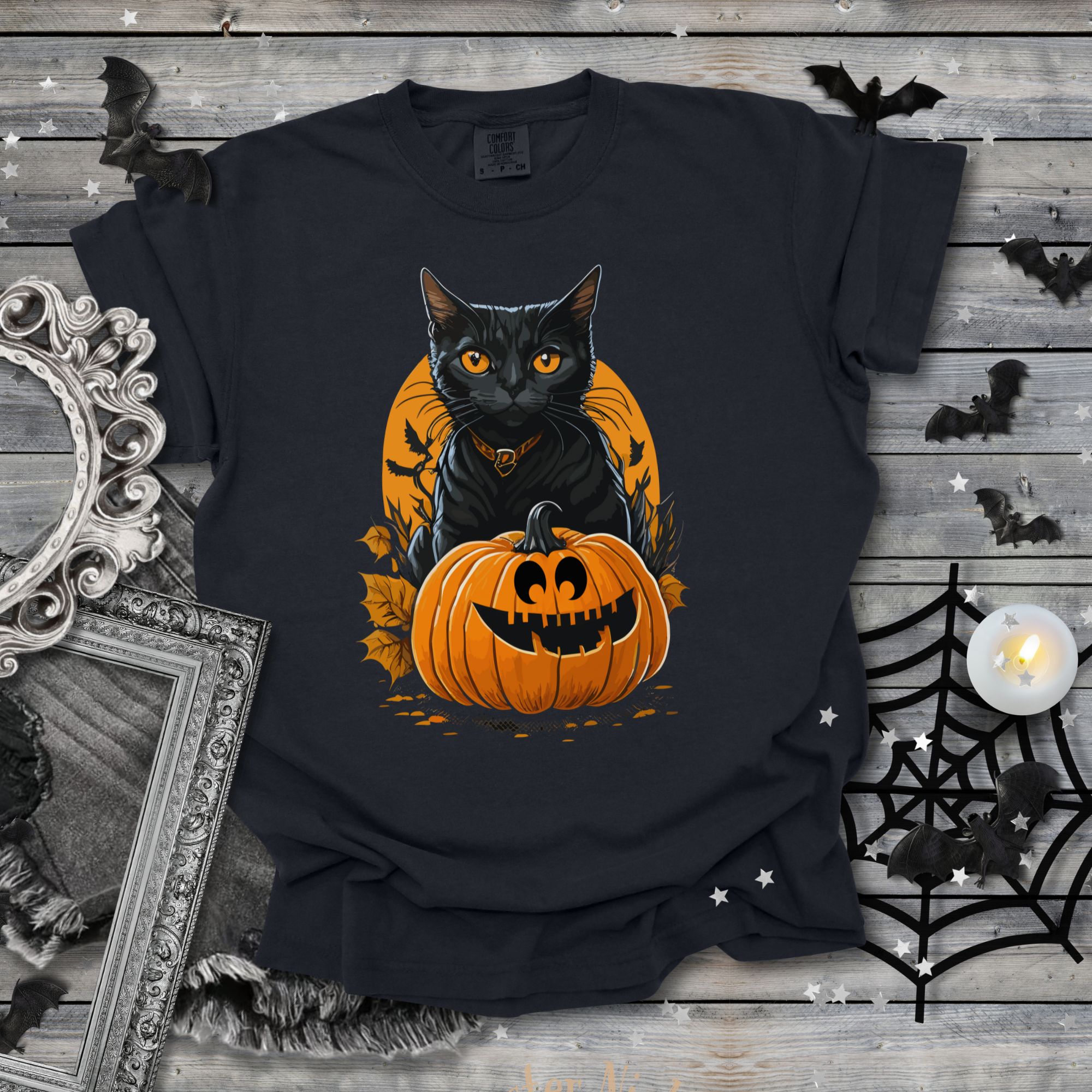 Black Cat &amp; Pumpkin Halloween T-shirt