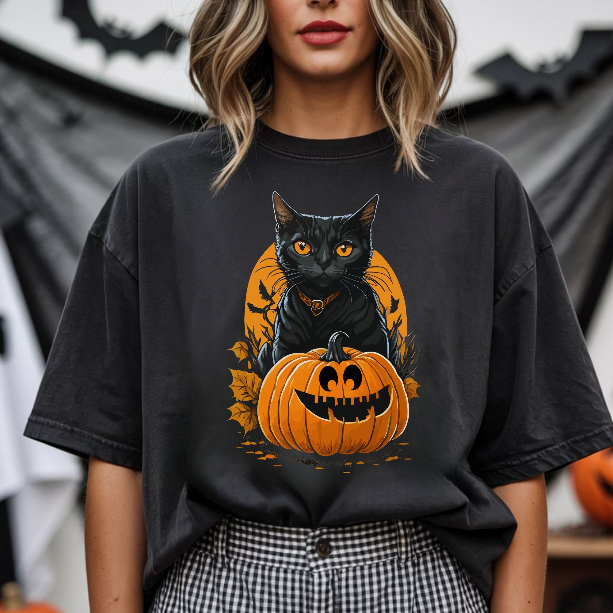 Black Cat &amp; Pumpkin Halloween T-shirt product thumbnail image