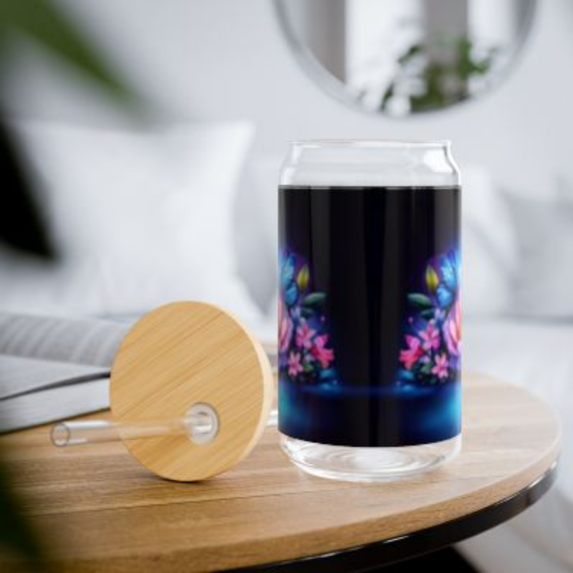 Vibrant Floral Butterfly Glass Sipper Jar 16oz Colorful Beach And Garden Drinkware with Bamboo Lid and Straw Reusable Summer Gift for Nature Lovers product thumbnail image