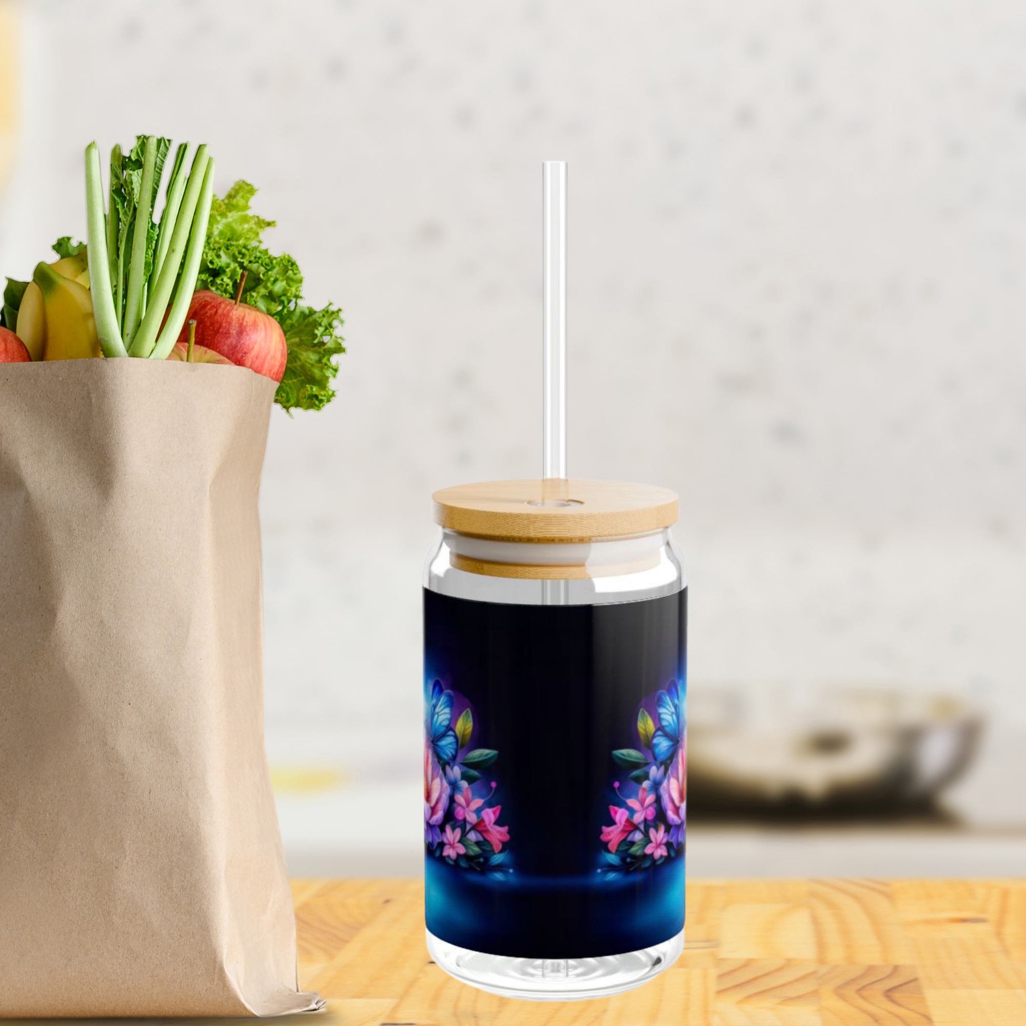 Vibrant Floral Butterfly Glass Sipper Jar 16oz Colorful Beach And Garden Drinkware with Bamboo Lid and Straw Reusable Summer Gift for Nature Lovers product thumbnail image