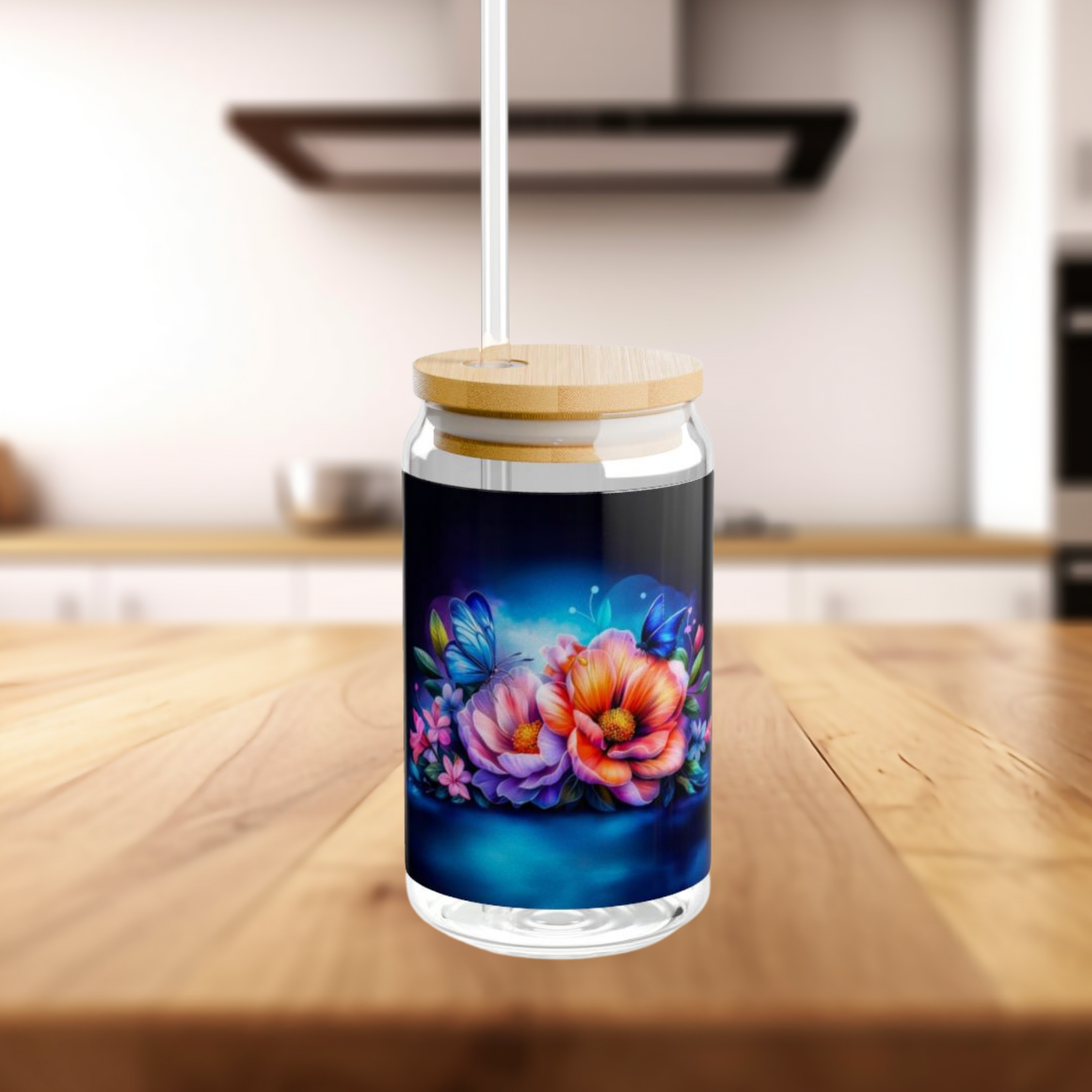 Vibrant Floral Butterfly Glass Sipper Jar 16oz Colorful Beach And Garden Drinkware with Bamboo Lid and Straw Reusable Summer Gift for Nature Lovers product thumbnail image
