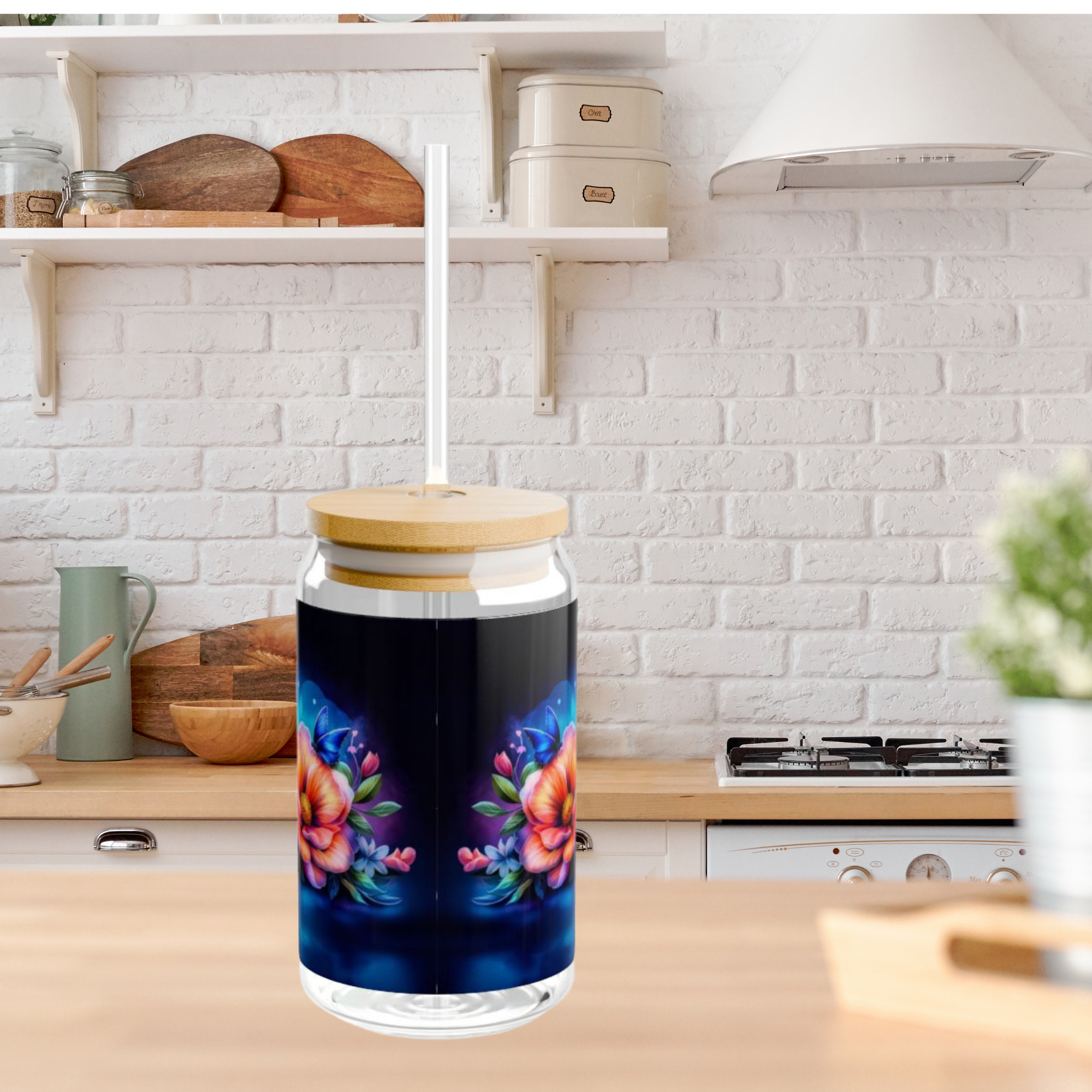 Vibrant Floral Butterfly Glass Sipper Jar 16oz Colorful Beach And Garden Drinkware with Bamboo Lid and Straw Reusable Summer Gift for Nature Lovers product thumbnail image