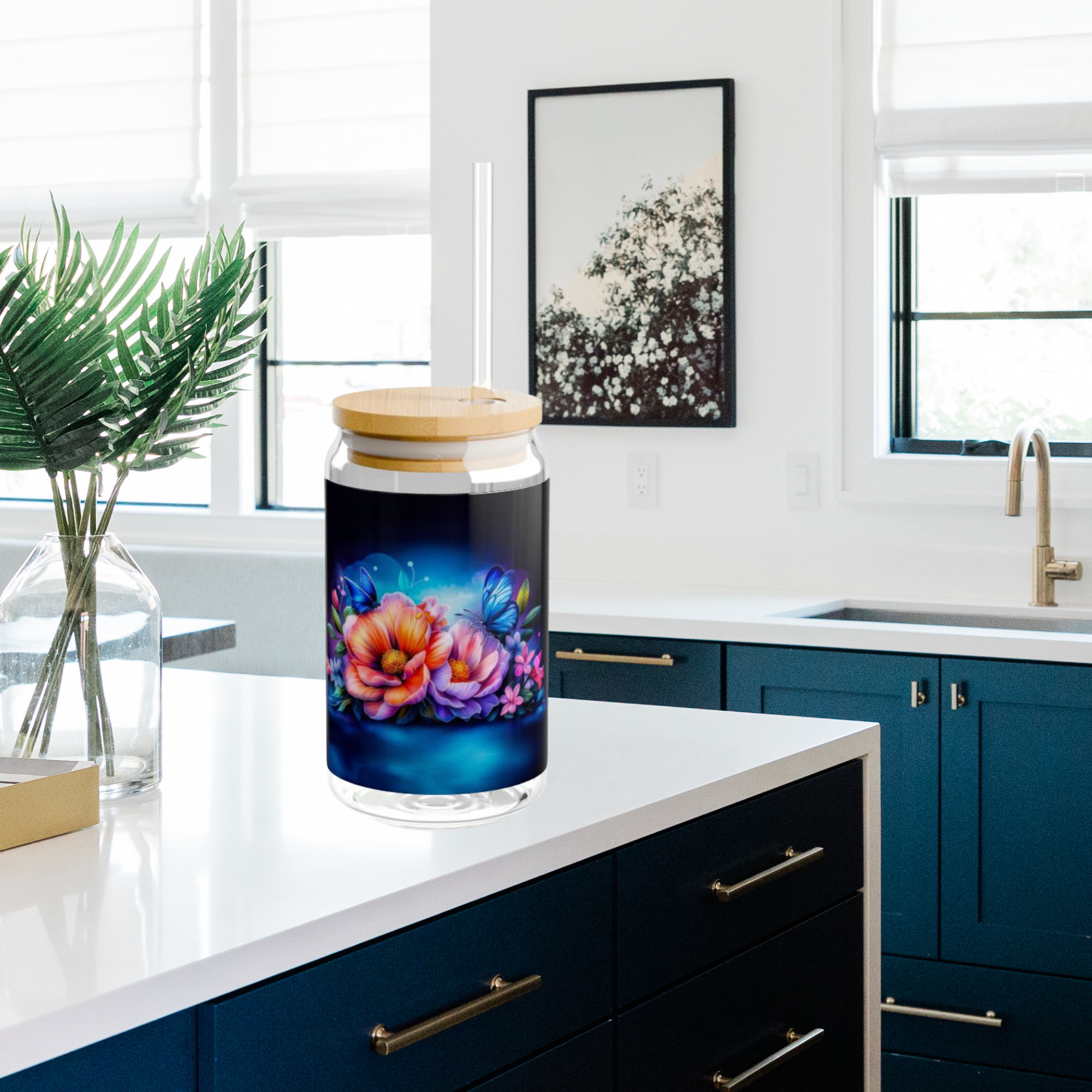 Vibrant Floral Butterfly Glass Sipper Jar 16oz Colorful Beach And Garden Drinkware with Bamboo Lid and Straw Reusable Summer Gift for Nature Lovers product thumbnail image