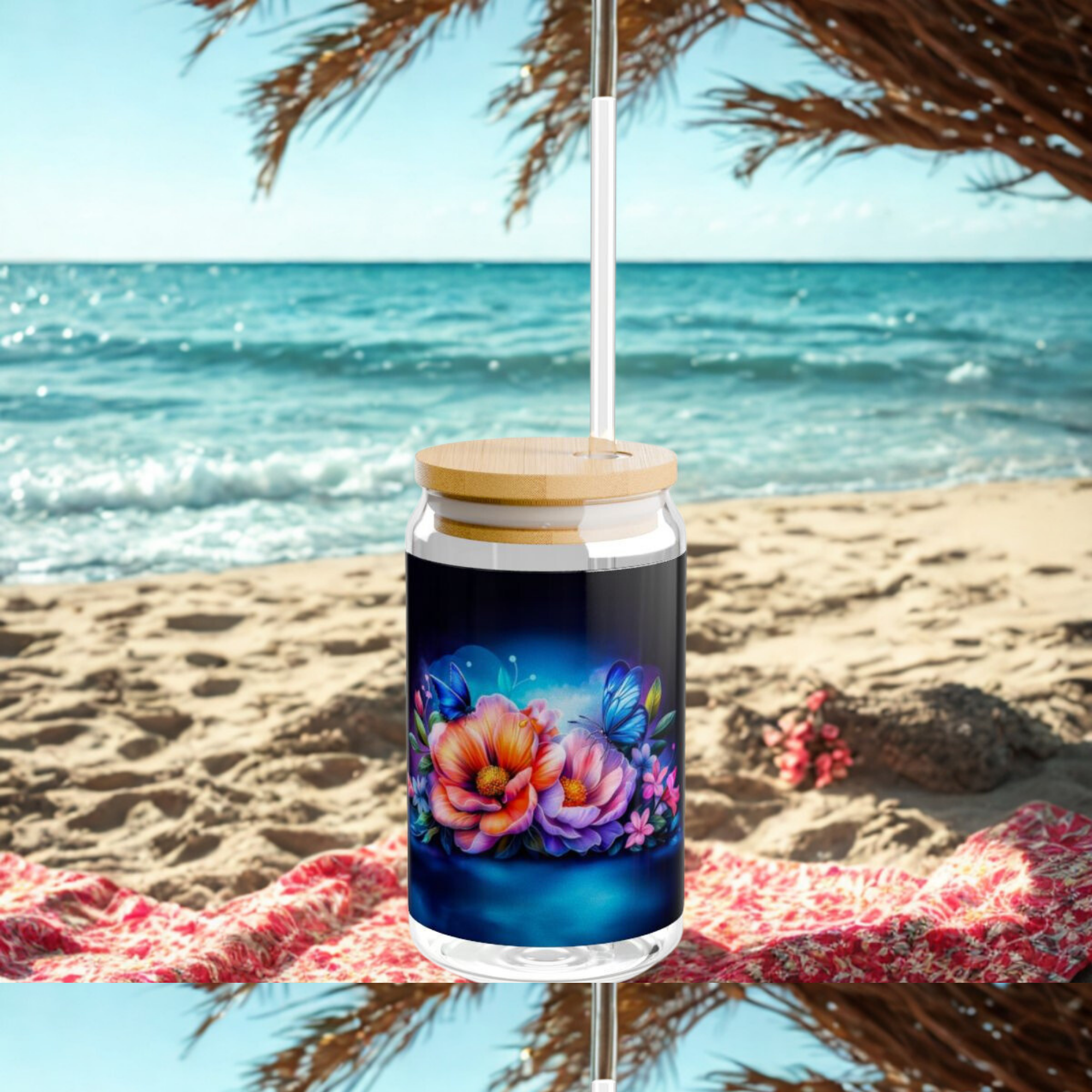 Vibrant Floral Butterfly Glass Sipper Jar 16oz Colorful Beach And Garden Drinkware with Bamboo Lid and Straw Reusable Summer Gift for Nature Lovers product thumbnail image