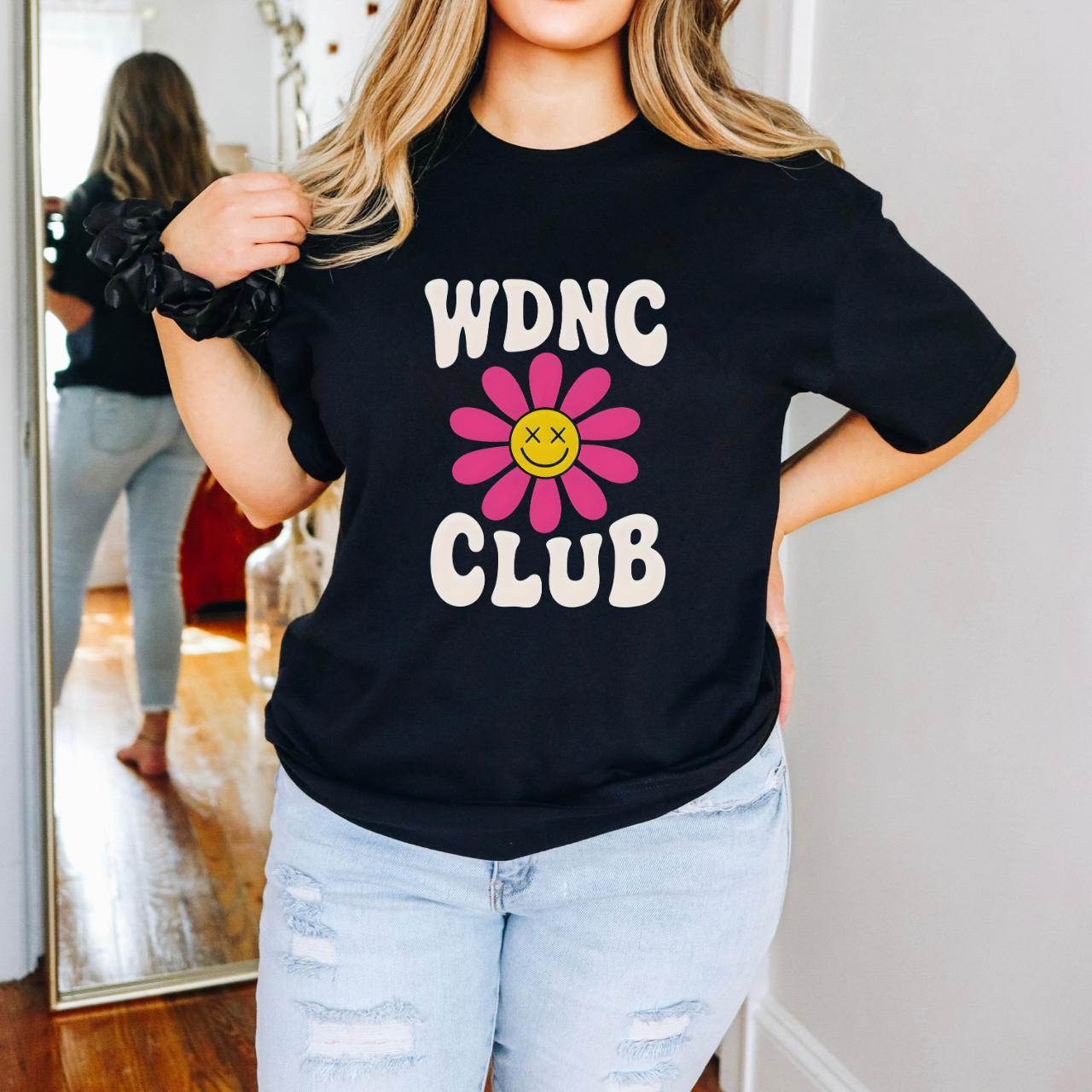 WDNC Club Graphic Unisex T-Shirt - Retro floral tee, gifts for friends, casual wear, summer style, festival outfit product thumbnail image WDNC Club Graphic Unisex T-Shirt - Retro floral tee, gifts for friends, casual wear, summer style, festival outfit product thumbnail image