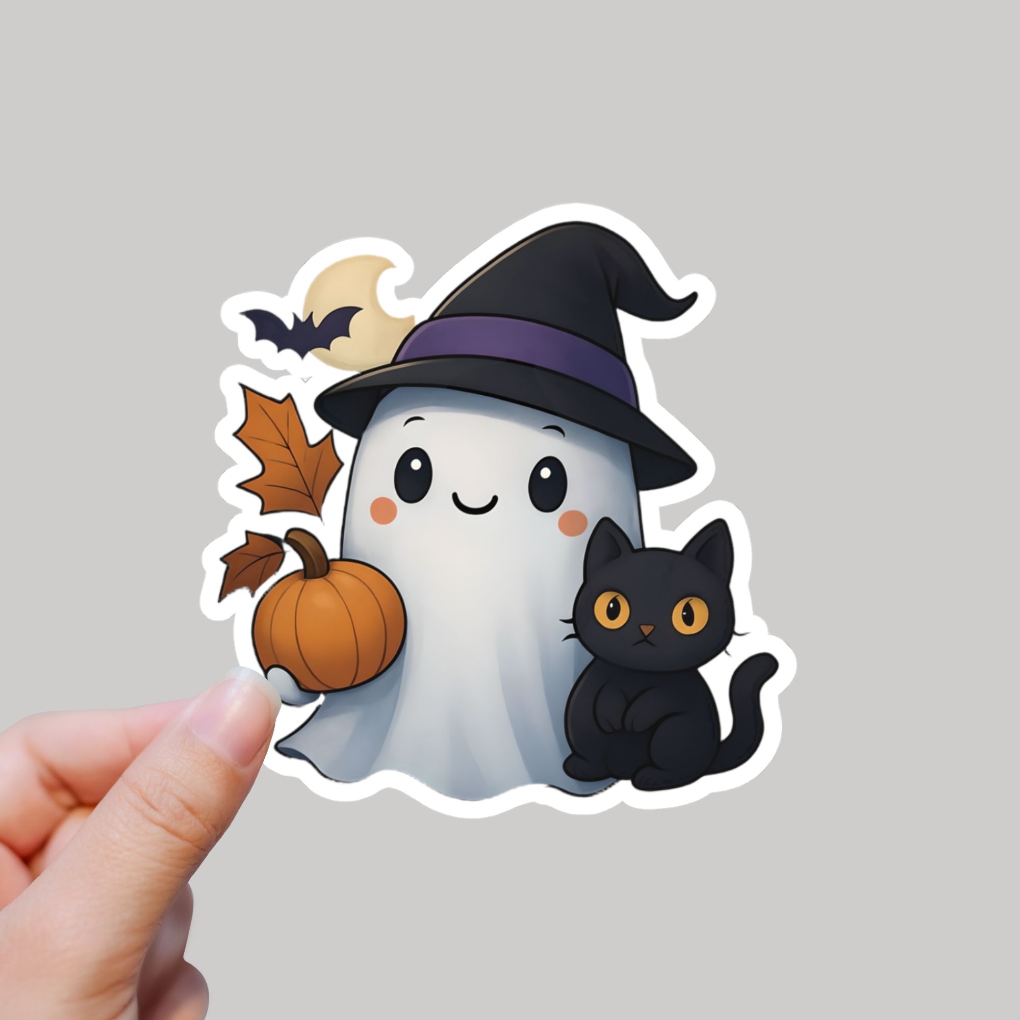 Ghost and Black Cat Pumpkin Kiss-Cut Sticker, Halloween Stickers, Spooky Laptop Accessories, Cute Halloween Decal, Cat Lover Gift