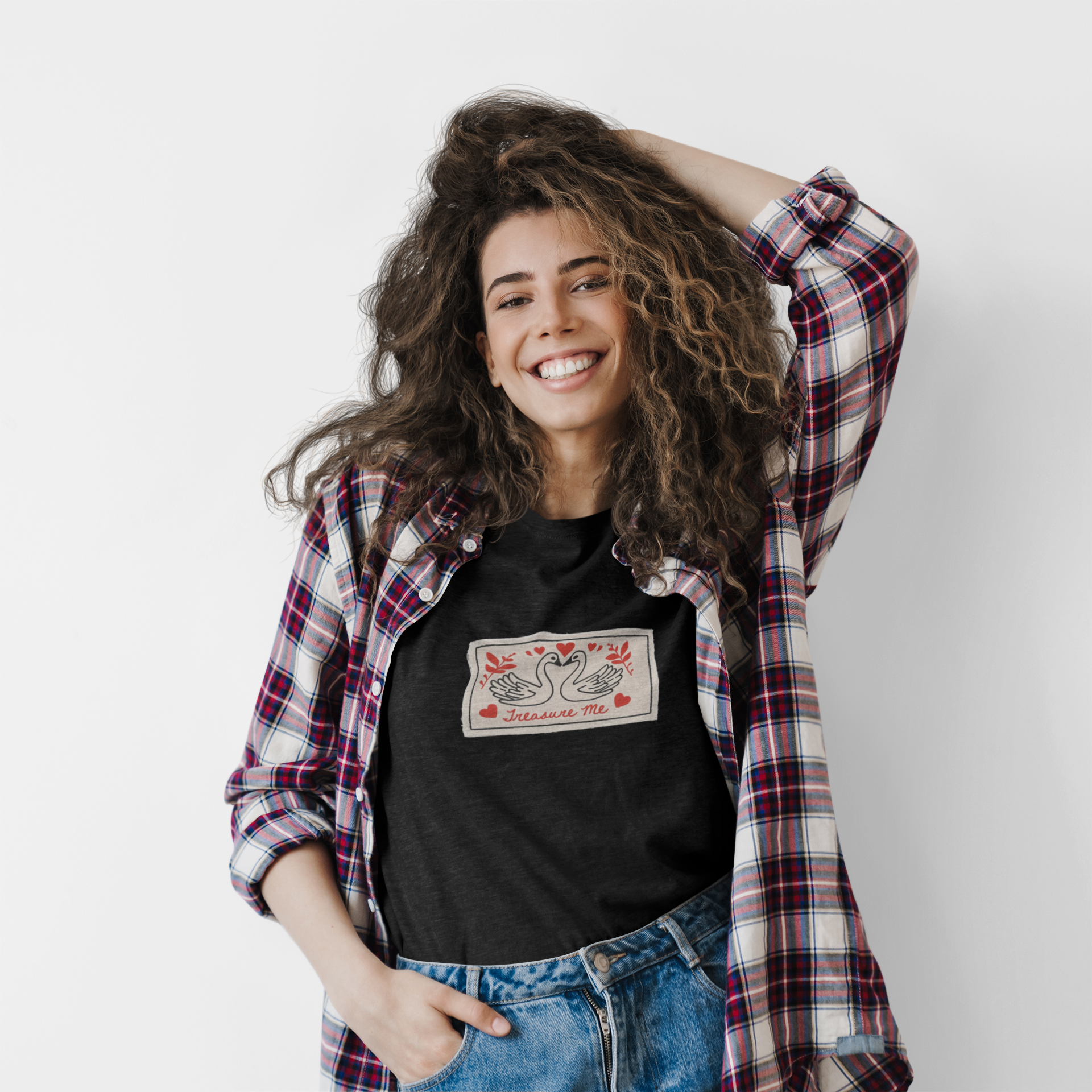 Treasure Me Swan Embroidered-Like Applique Graphic Tee,  Soft Cotton Casual T-Shirt, Minimalist Swan Heart Top product thumbnail image