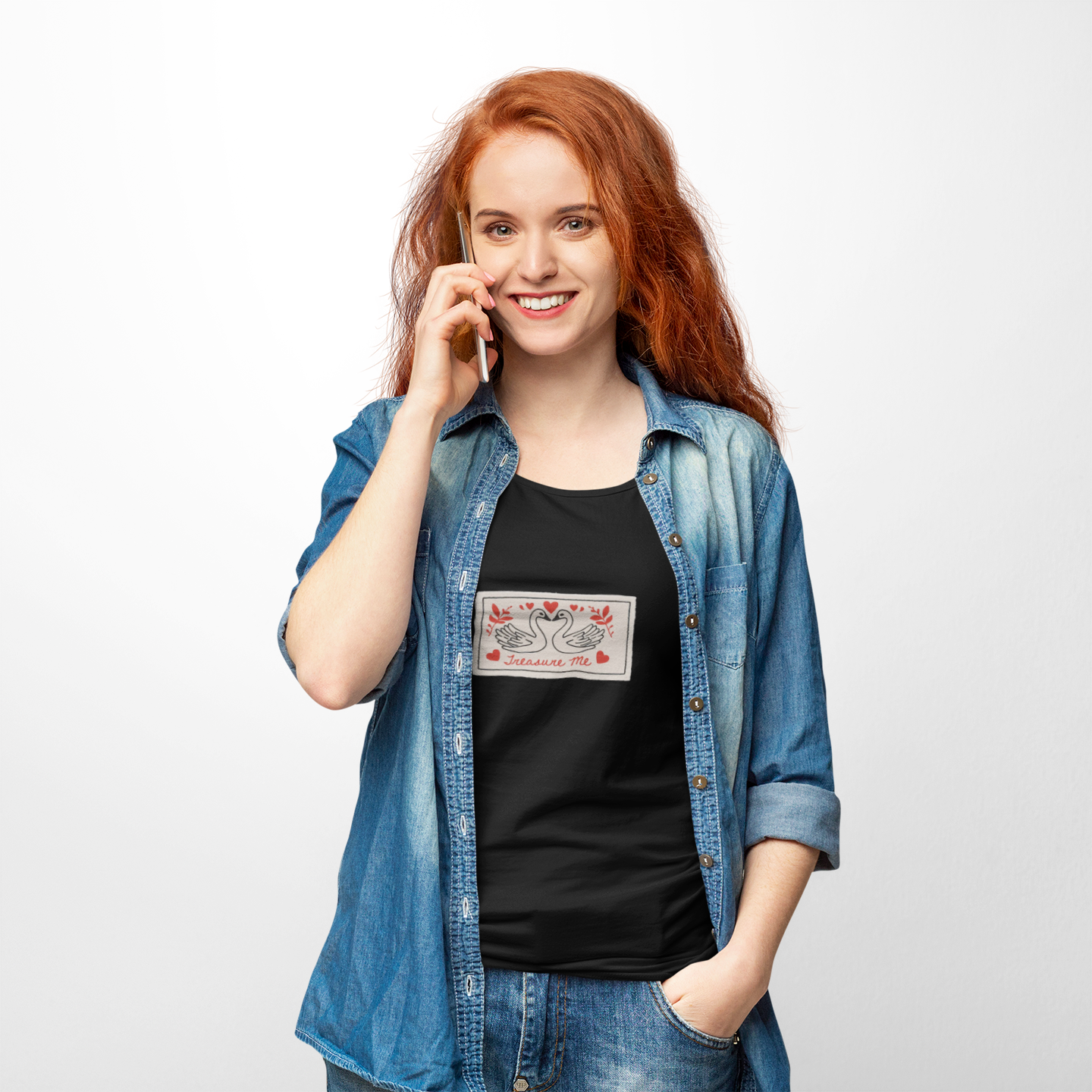Treasure Me Swan Embroidered-Like Applique Graphic Tee,  Soft Cotton Casual T-Shirt, Minimalist Swan Heart Top product thumbnail image