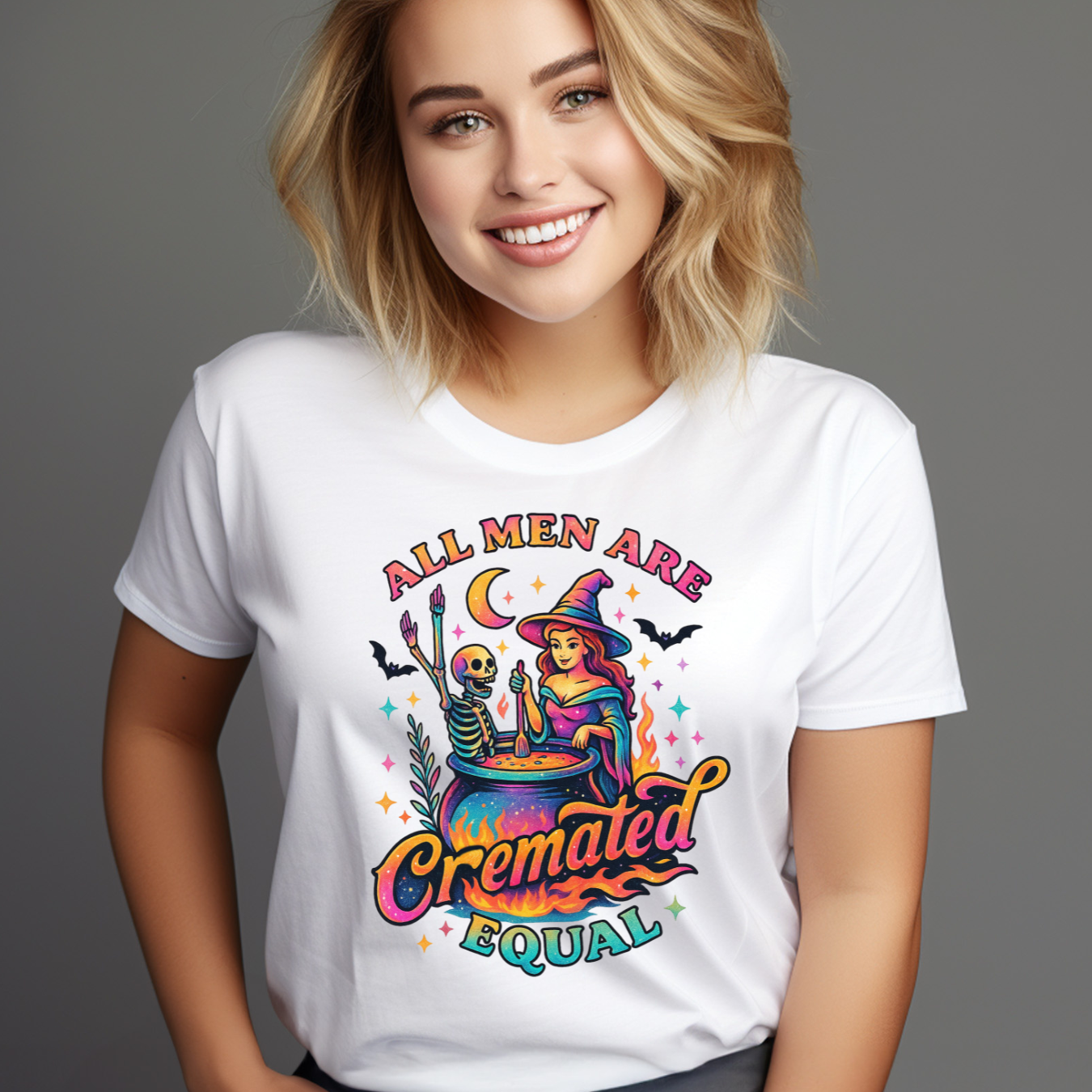Witchy Humor T-Shirt - Unisex Softstyle Tee with 'All Men are Cremated Equal' Design