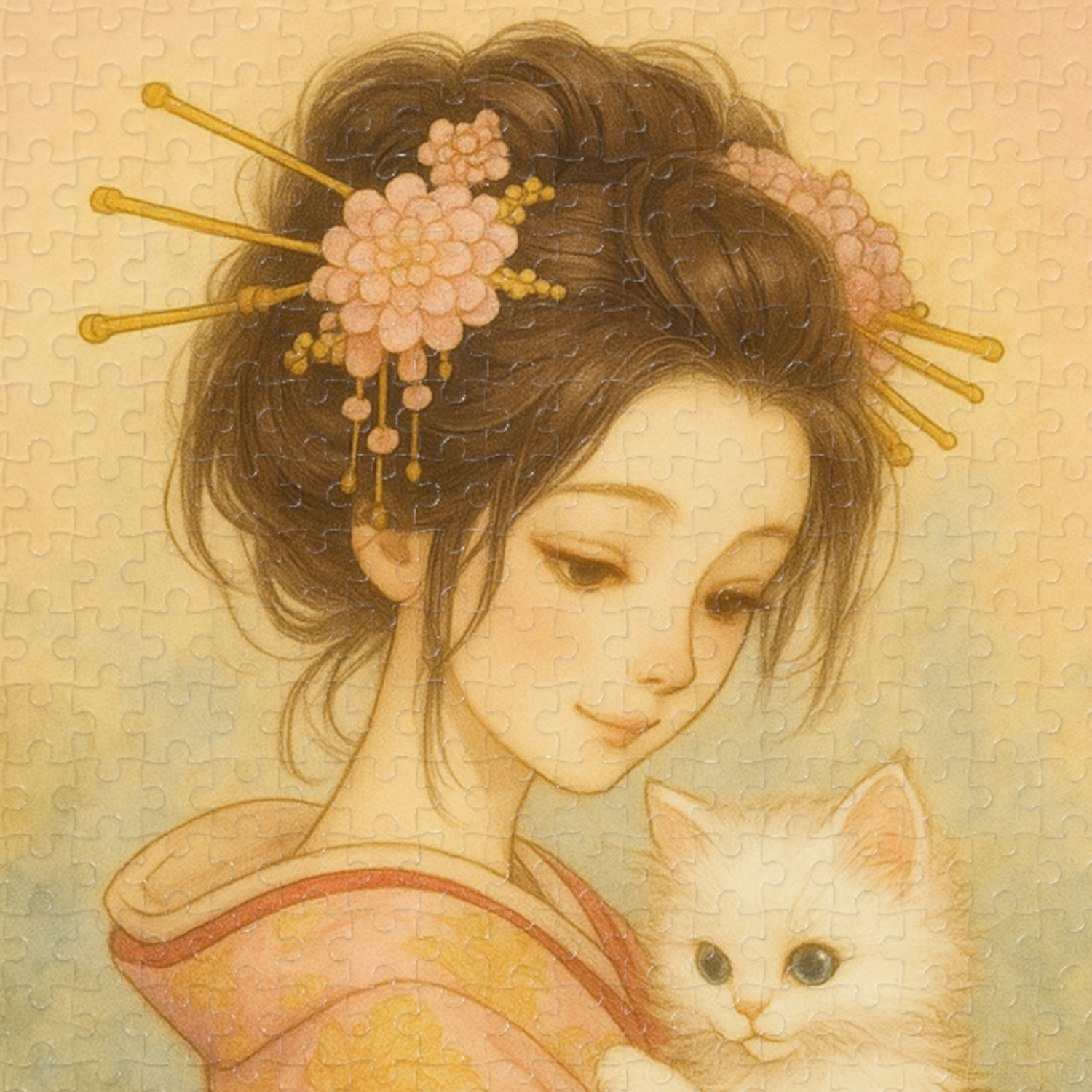 Kimono Beauty Puzzle – A girl in an orange kimono holding a white kitten (252 / 500 / 1000 Pieces) product thumbnail image