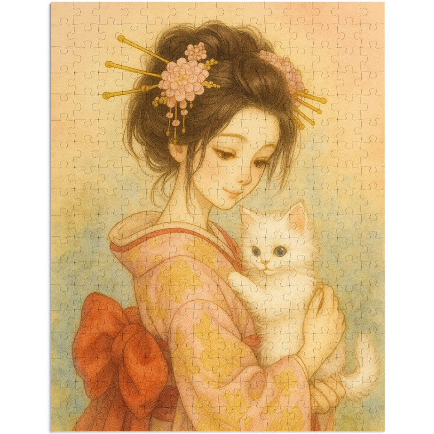 Kimono Beauty Puzzle – A girl in an orange kimono holding a white kitten (252 / 500 / 1000 Pieces)