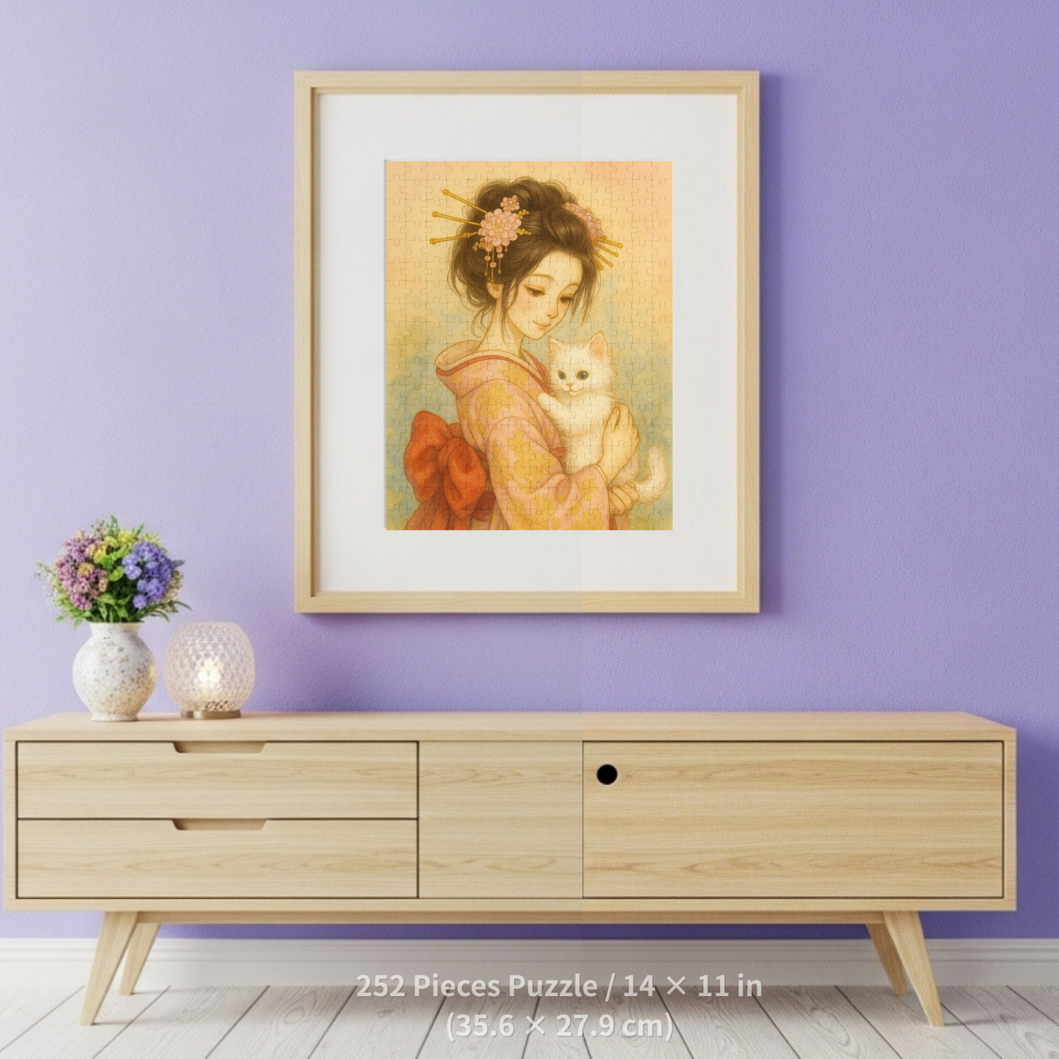Kimono Beauty Puzzle – A girl in an orange kimono holding a white kitten (252 / 500 / 1000 Pieces) product thumbnail image
