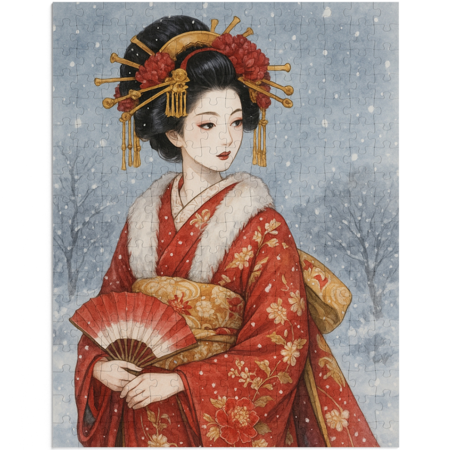 Winter Oiran in Red Kimono Puzzle – Japanese Geisha Snow Scene Watercolor Art – Limited Edition (252, 500, 1000 Pieces)