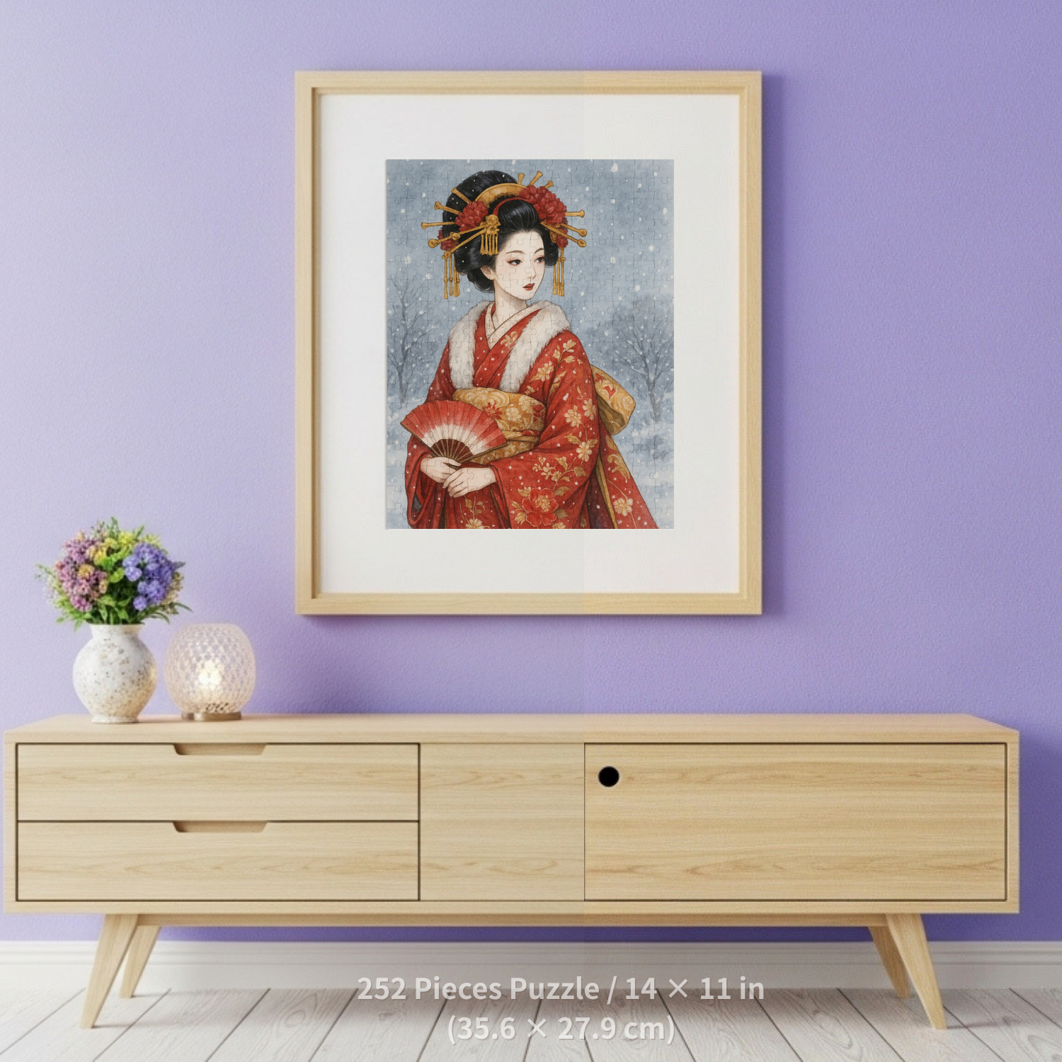 Winter Oiran in Red Kimono Puzzle – Japanese Geisha Snow Scene Watercolor Art – Limited Edition (252, 500, 1000 Pieces) product thumbnail image