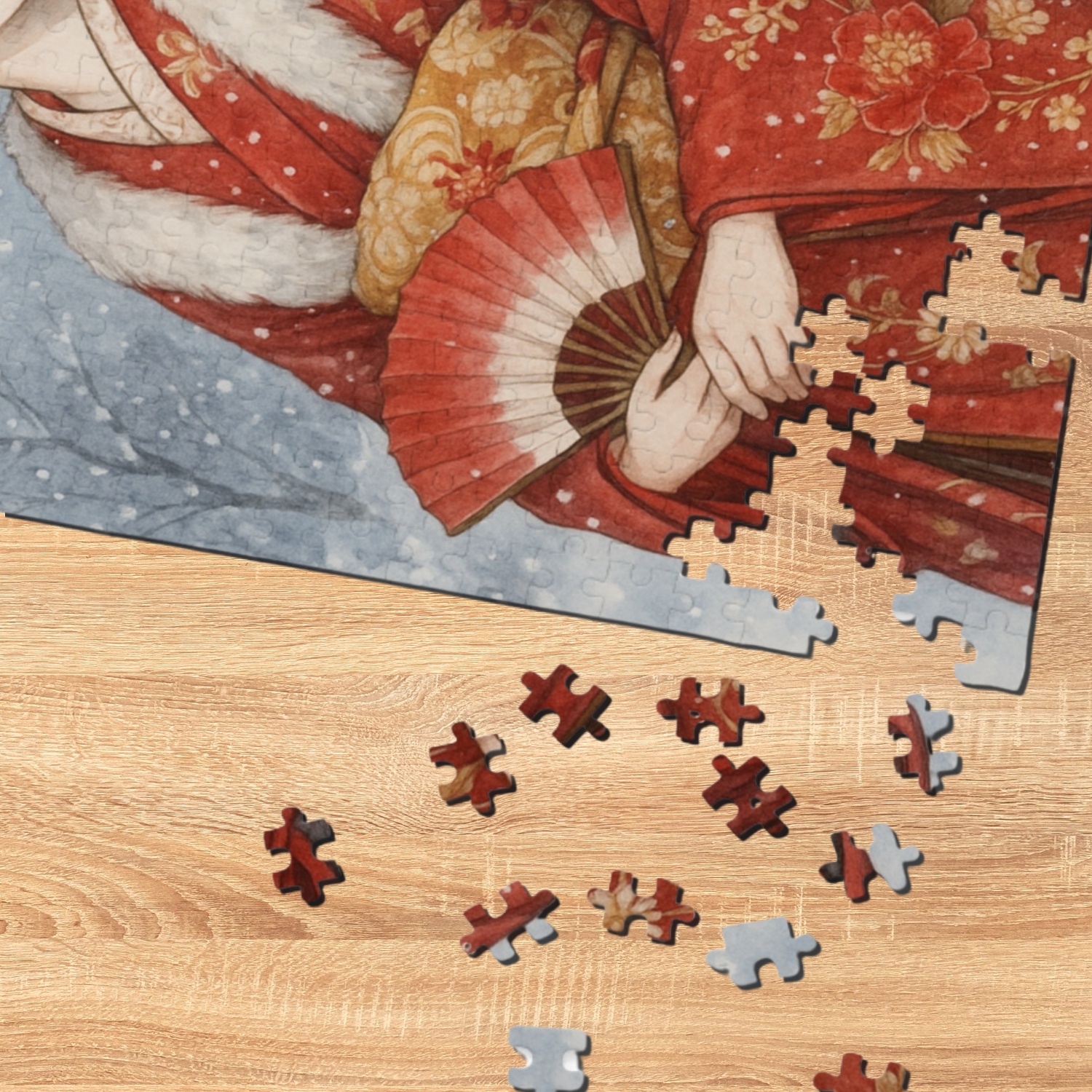 Winter Oiran in Red Kimono Puzzle – Japanese Geisha Snow Scene Watercolor Art – Limited Edition (252, 500, 1000 Pieces) product thumbnail image