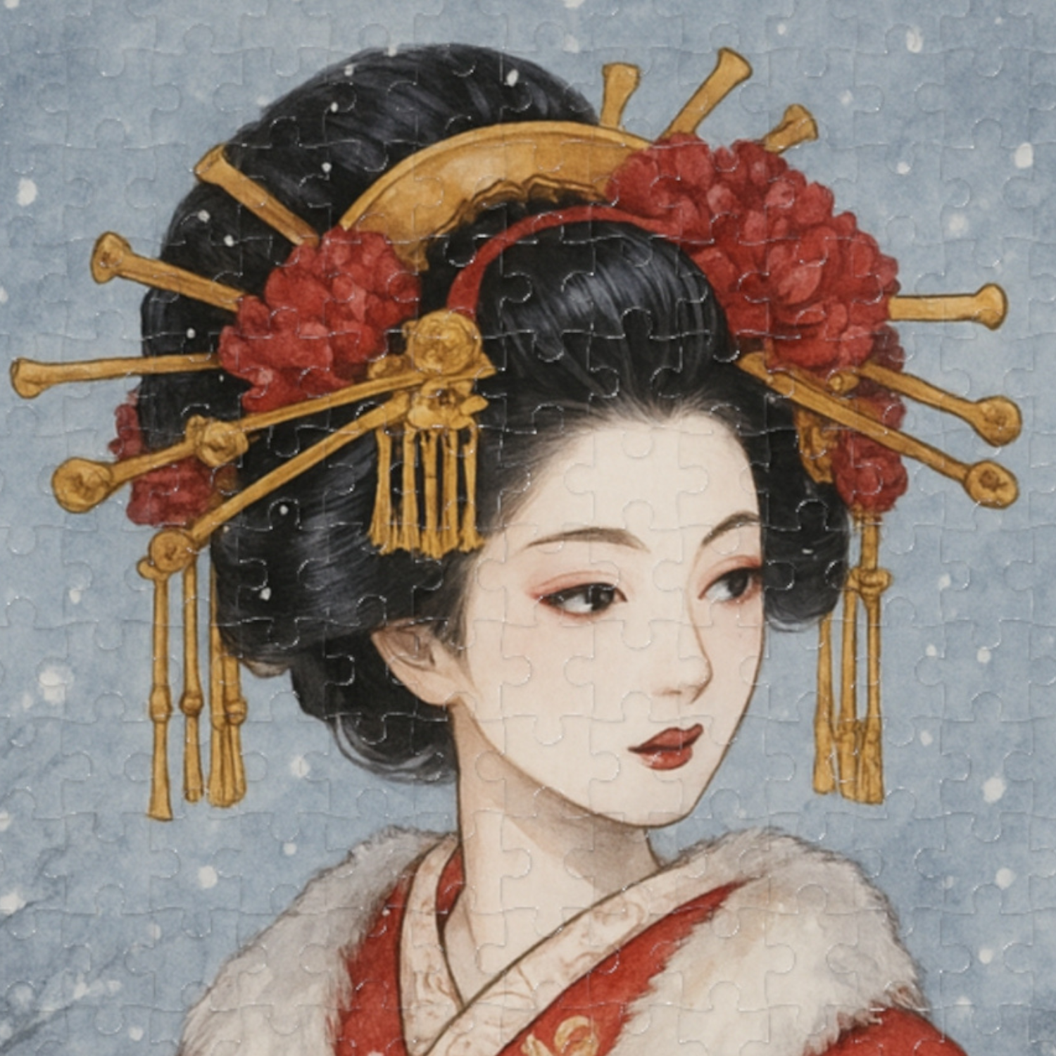 Winter Oiran in Red Kimono Puzzle – Japanese Geisha Snow Scene Watercolor Art – Limited Edition (252, 500, 1000 Pieces) product thumbnail image