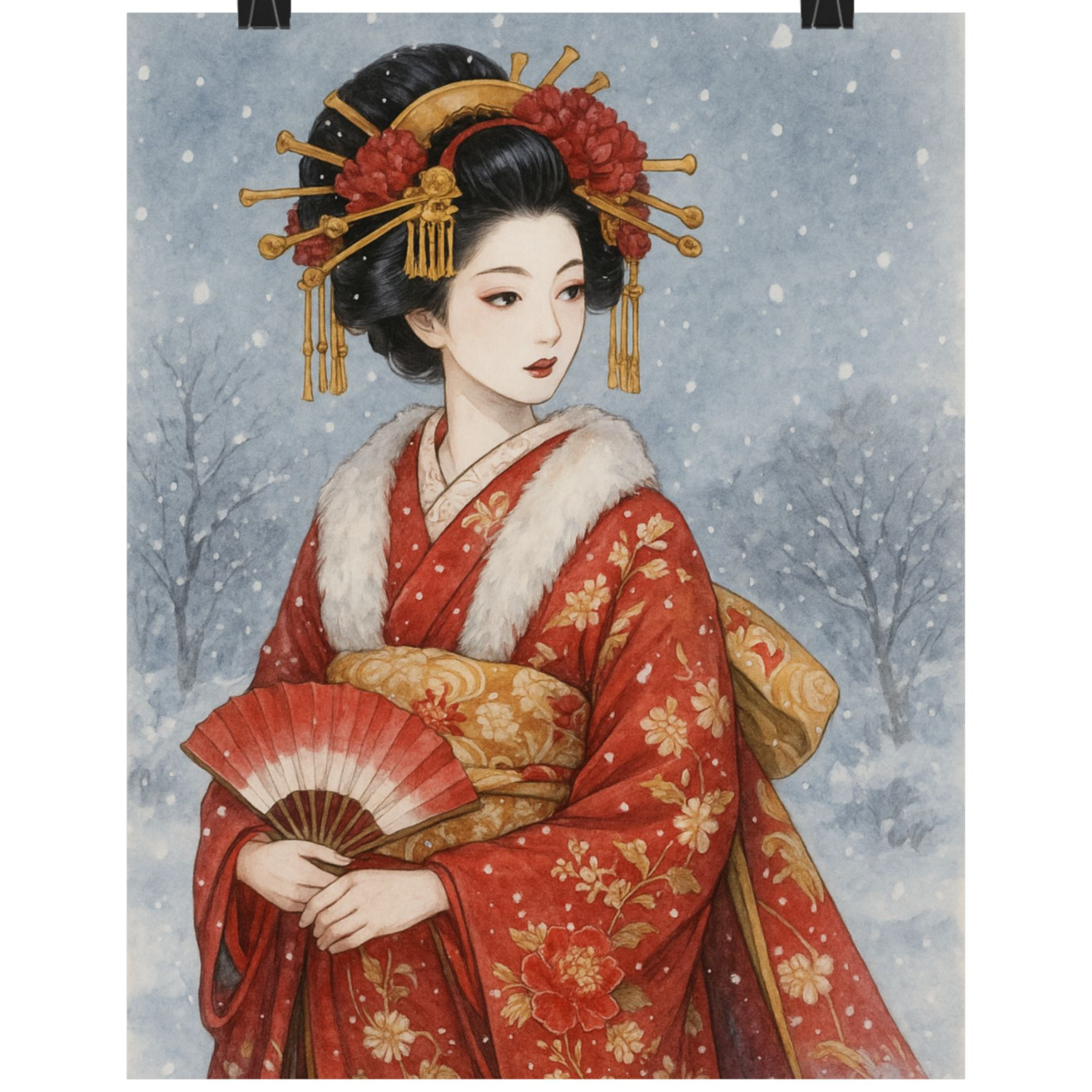 Winter Oiran – Japanese Snow Scene Watercolor Art – Kimono Geisha Wall Poster