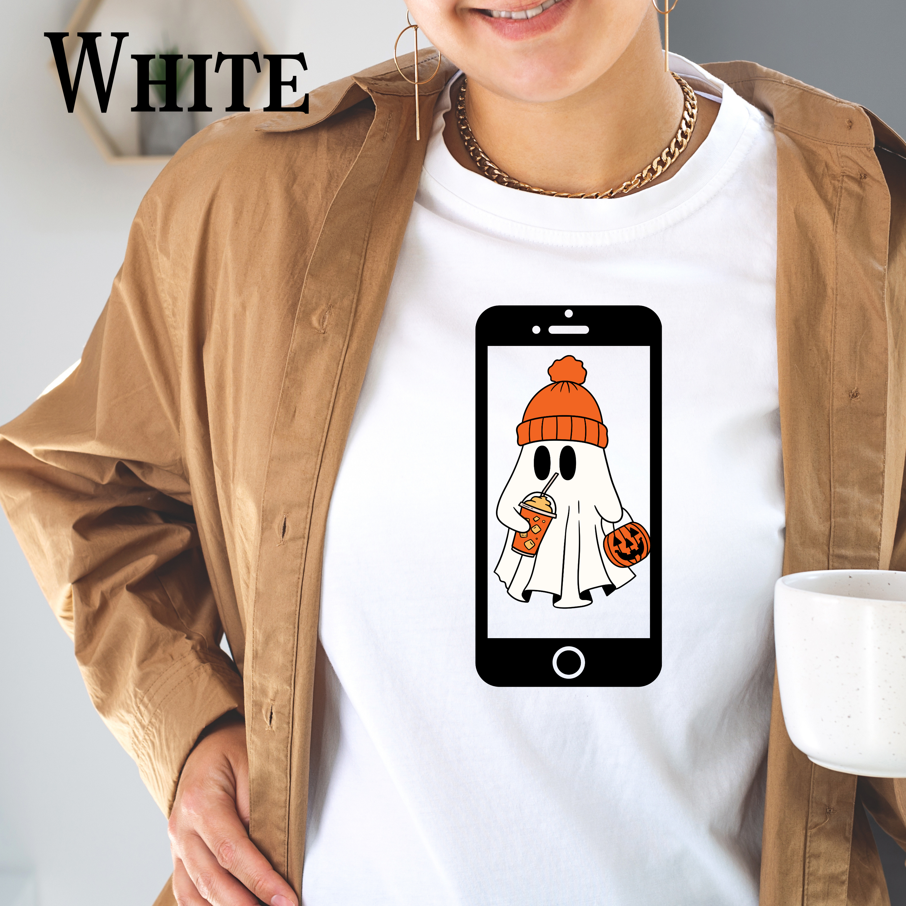 Halloween Ghost Phone T-Shirt, Unisex Tee, Cute Halloween Shirt, Fall Apparel, Spooky Fun Wear, Ghost Lover Gift product thumbnail image