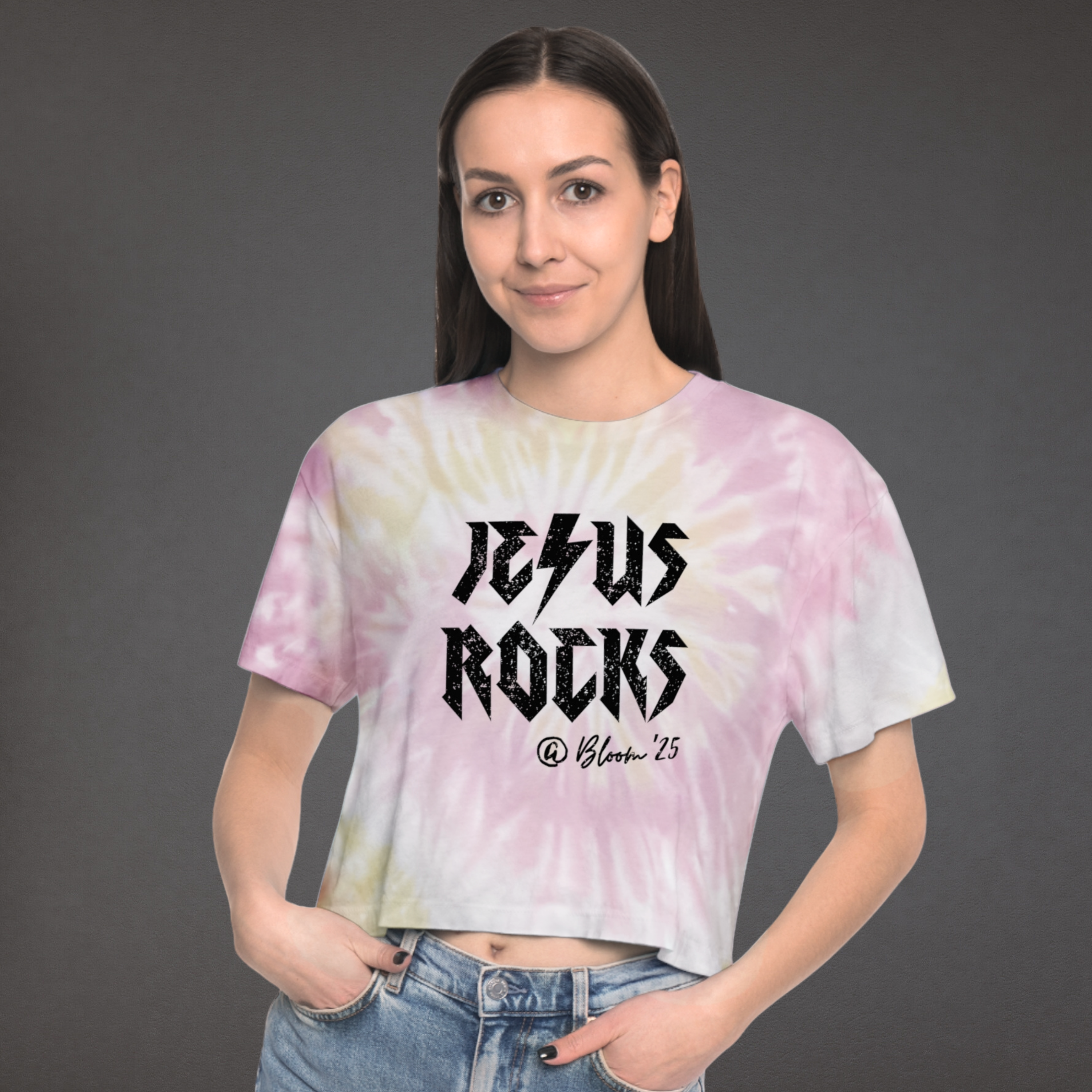 Jesus Rocks - Women's Cropped Tie-Dye Tee product thumbnail image Jesus Rocks - Women's Cropped Tie-Dye Tee product thumbnail image