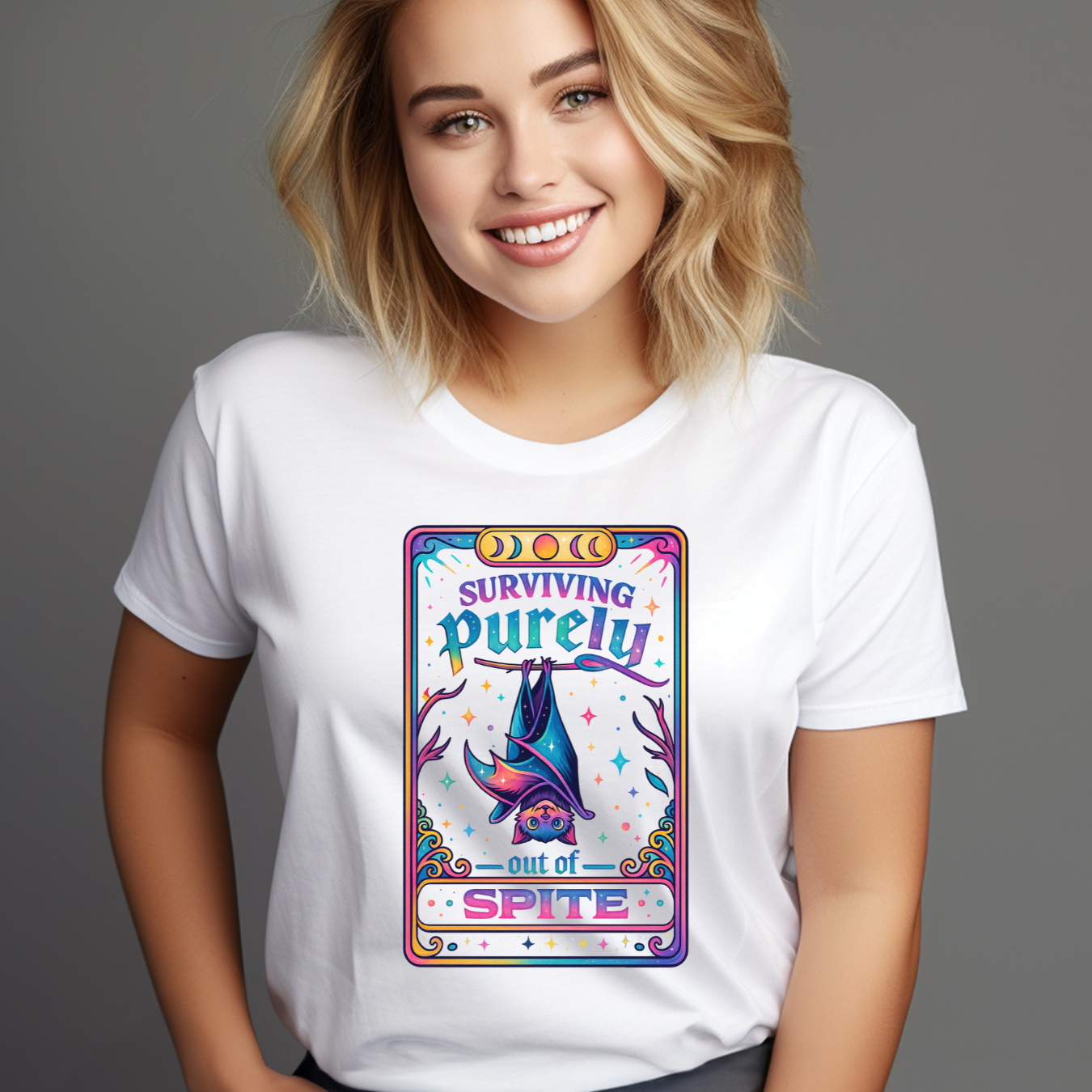 Funny Graphic Tee with Spooky Bat design "Surviving Purely Out of Spite" T-Shirt product thumbnail image