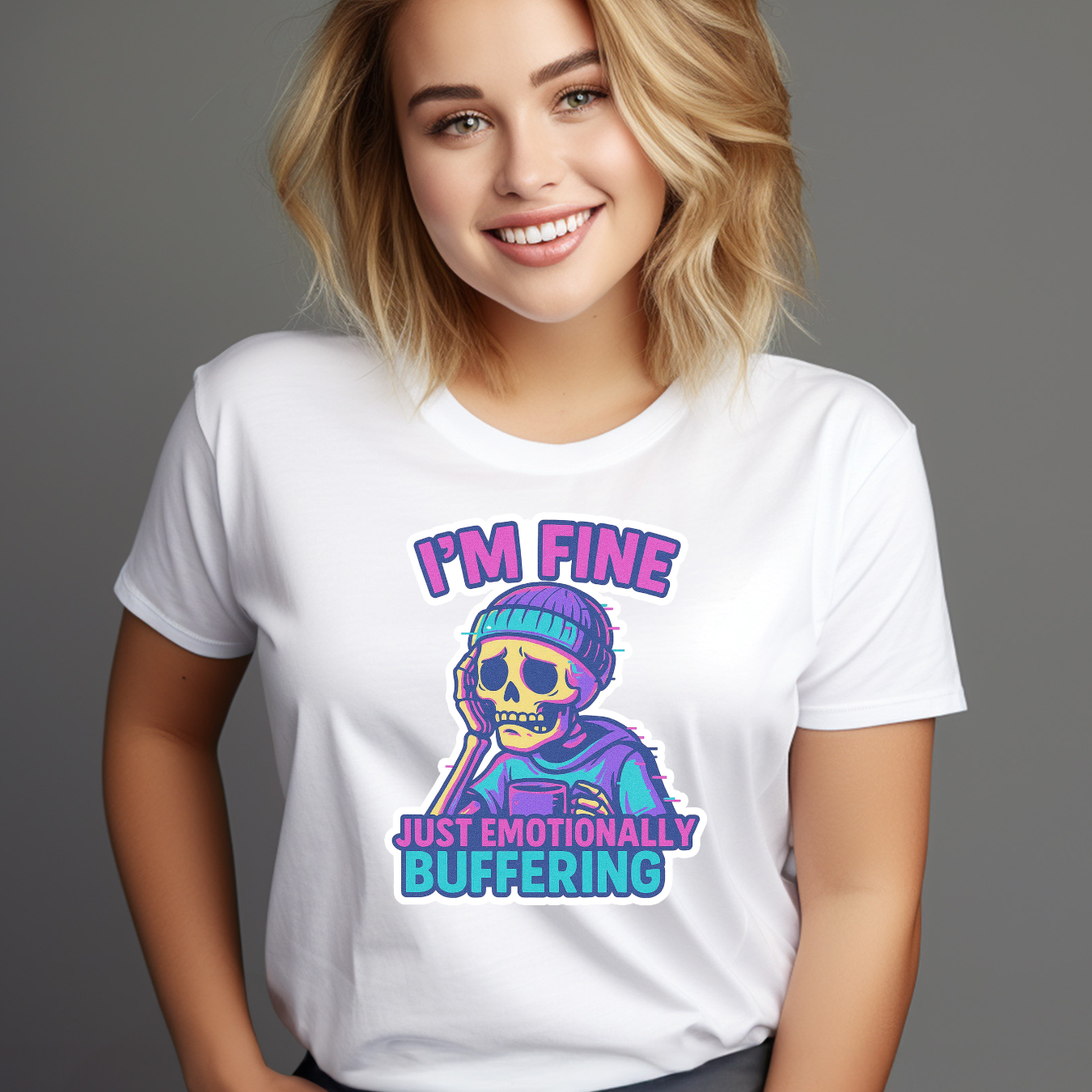 Sarcastic Skeleton Tee "Im Fine, I'm Just Emotionally Buffering" Emotional Health T-Shirt product thumbnail image