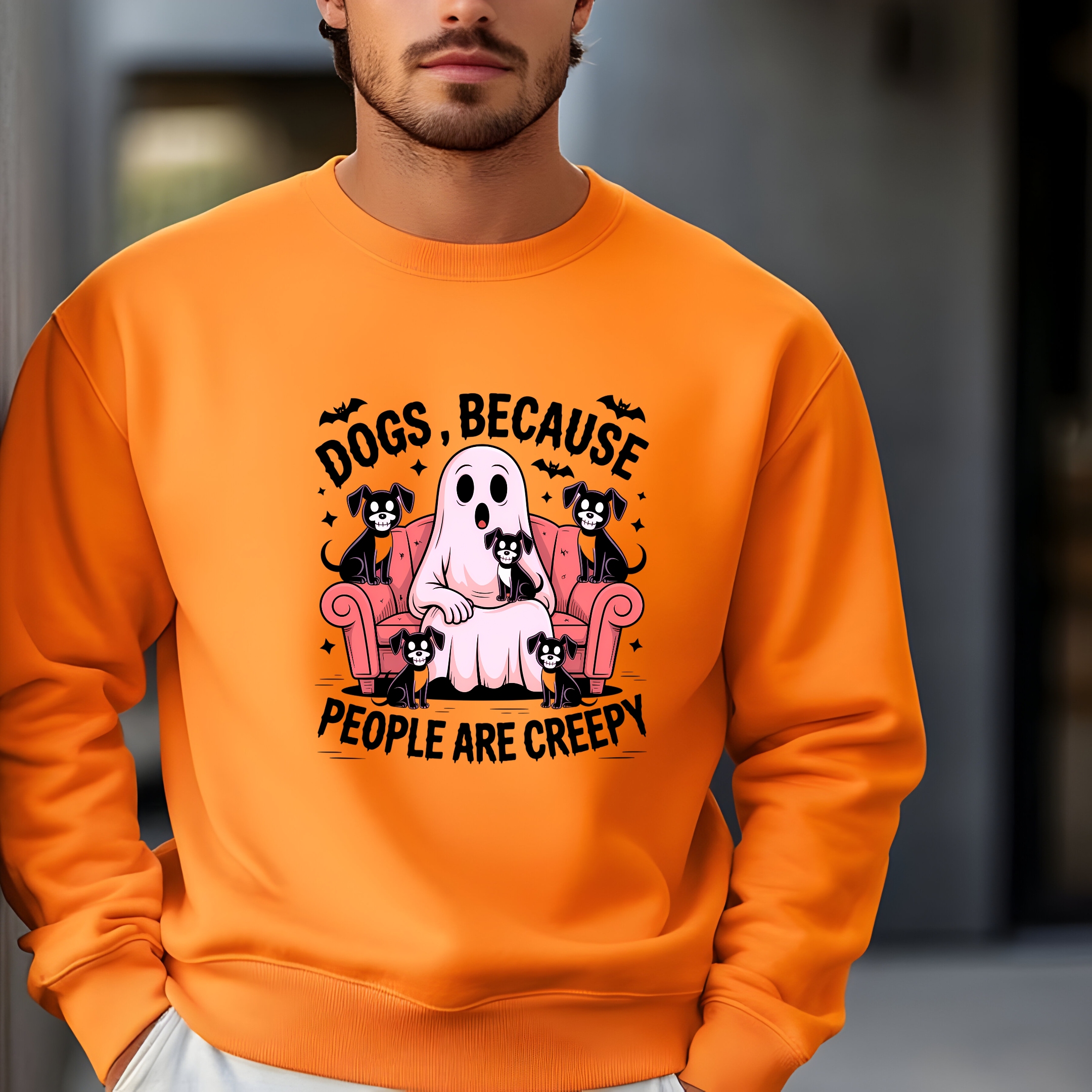 Halloween Sweatshirt, Spooky Crewneck, Dog Lover Gift, Ghost Theme Top, Unisex Fall Apparel, Cozy Haunted Sweatshirt